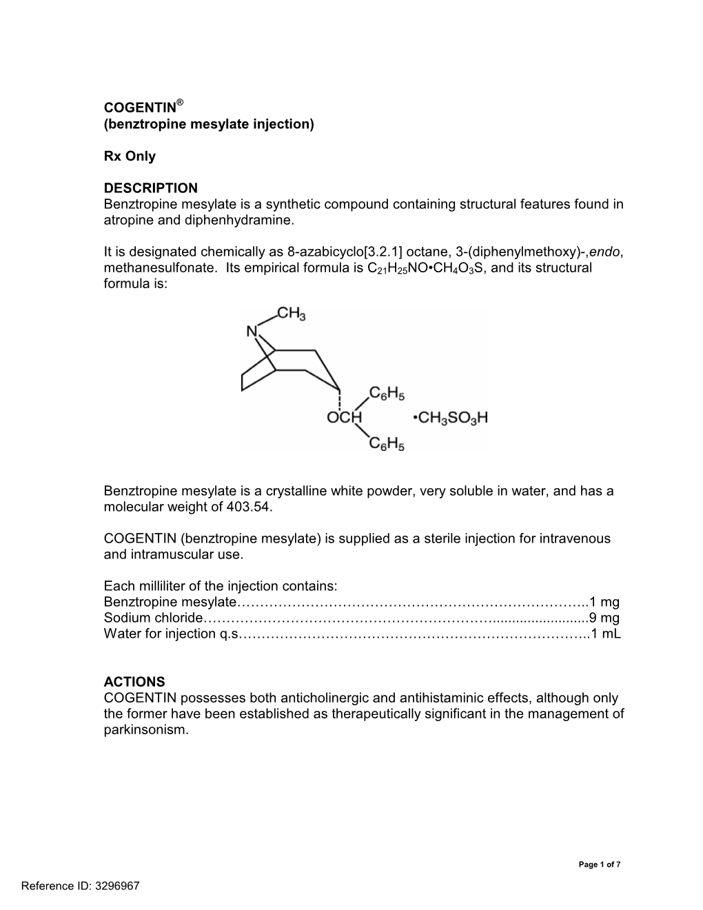 Cogentin (Benztropine Mesylate) Injection Label