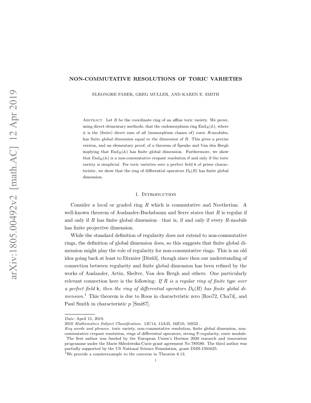 Arxiv:1805.00492V2 [Math.AC] 12 Apr 2019 a Nt Rjciedimension