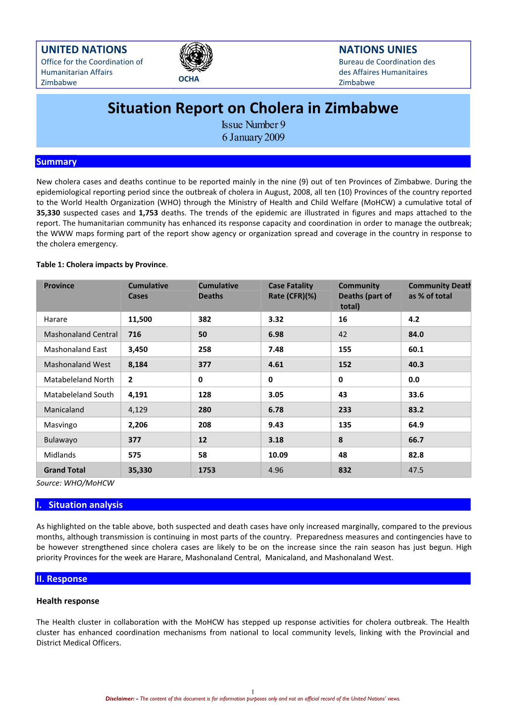 Situation Report on Cholera in Zimbabwe Issue Number 9 6 January 2009
