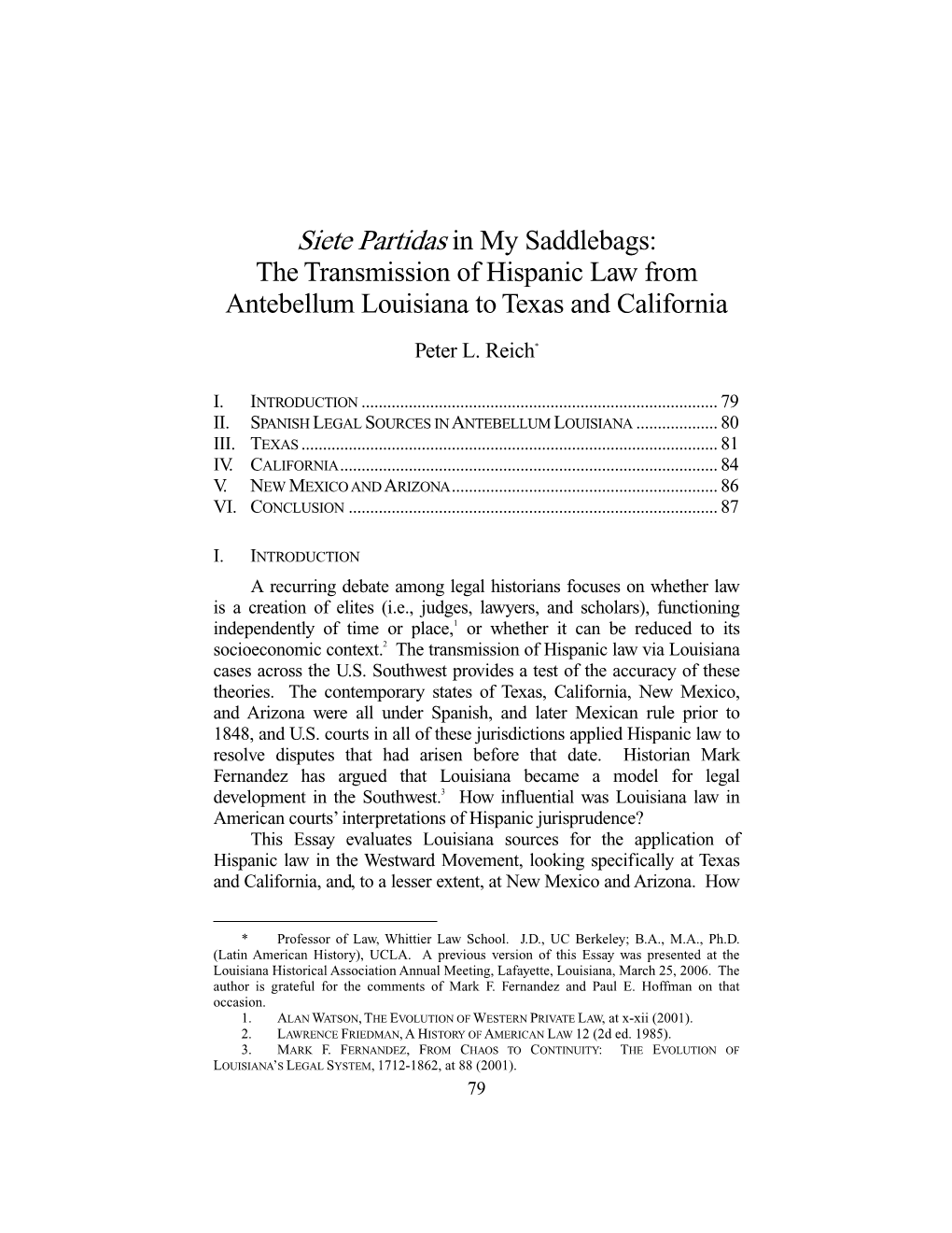 The Transmission of Hispanic Law from Antebellum Louisiana to Texas and California