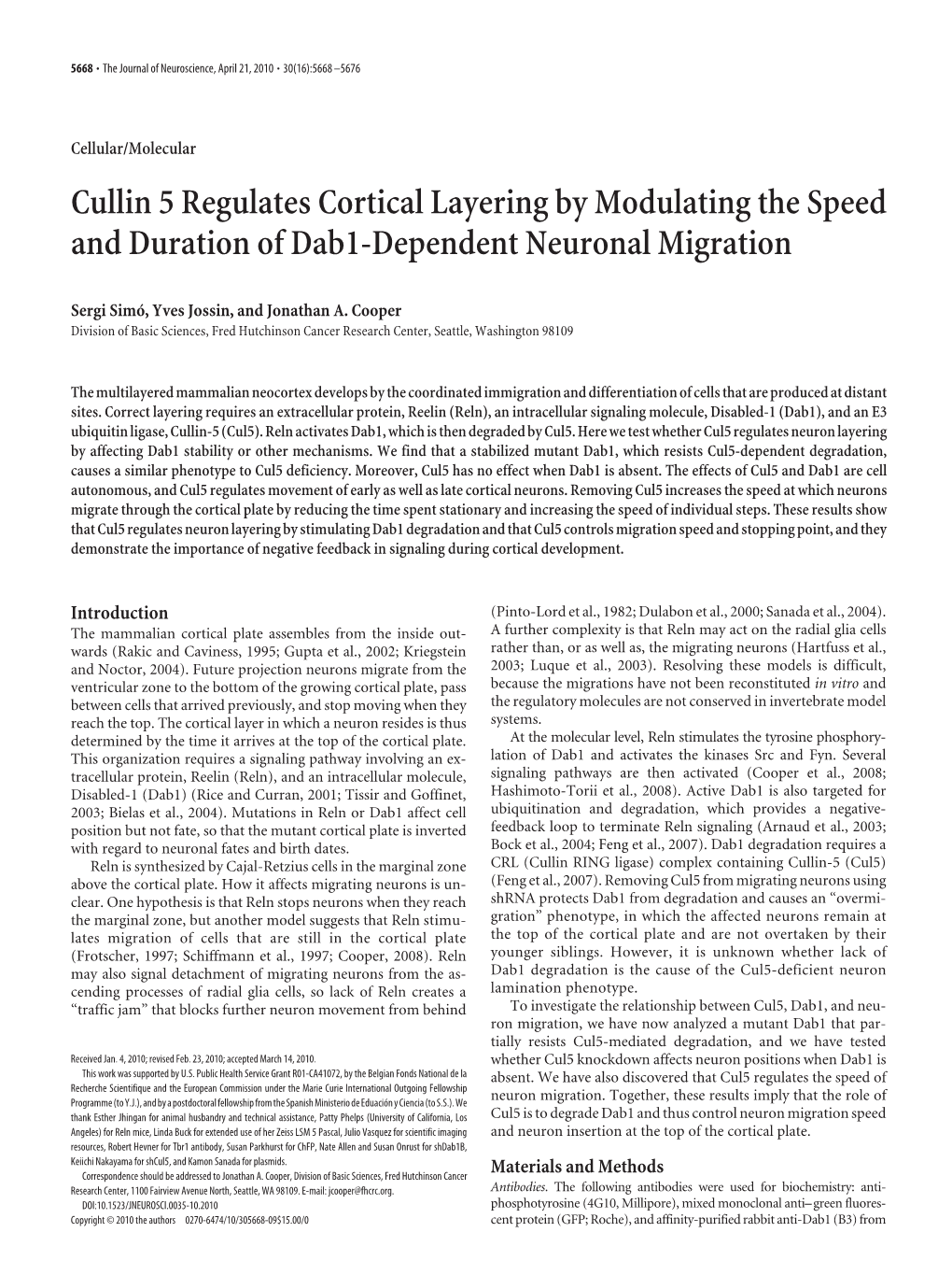 Cullin 5 Regulates Cortical Layering by Modulating the Speed and Duration of Dab1-Dependent Neuronal Migration