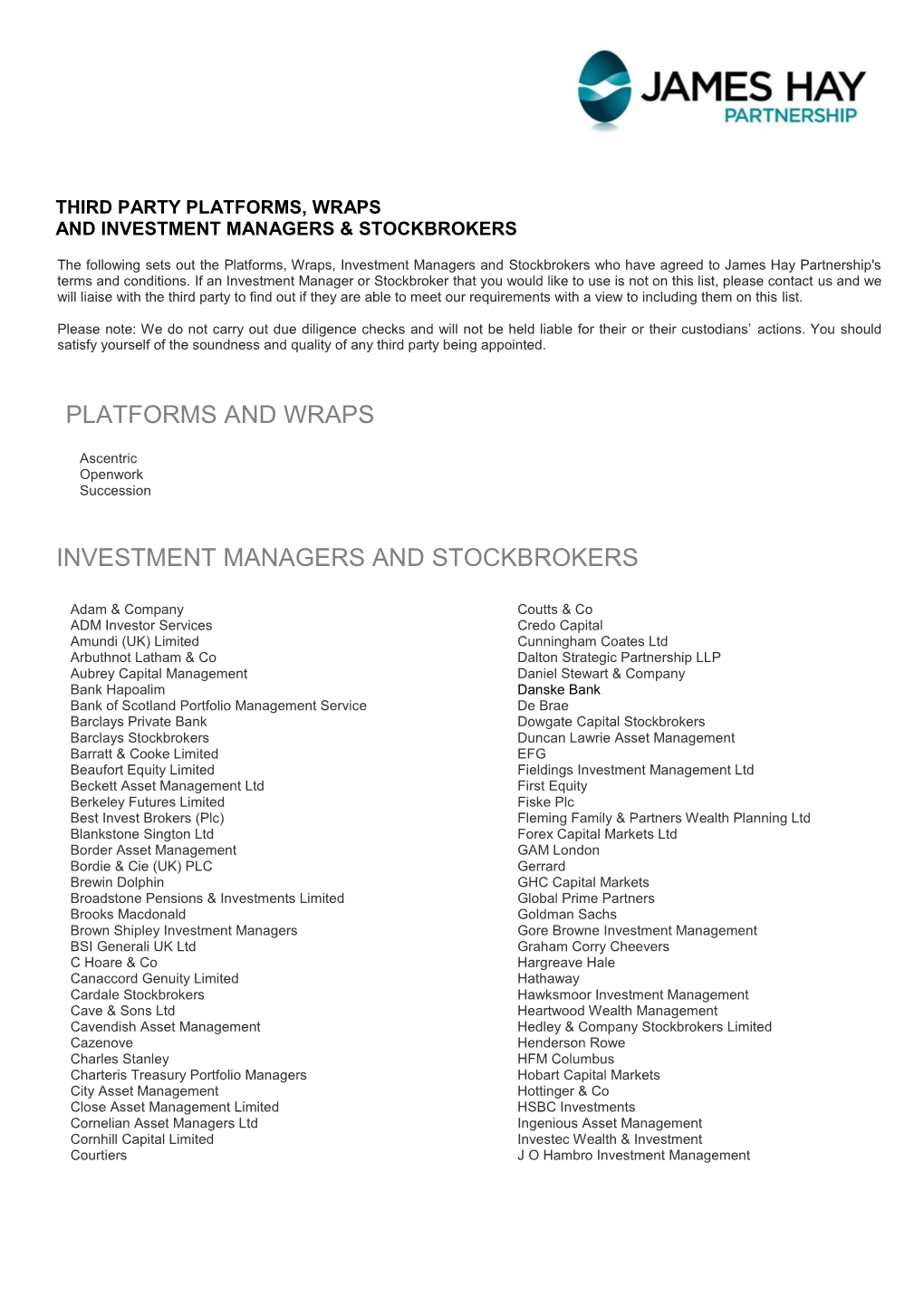 Third Party Platforms, Wraps and Investment Managers & Stockbrokers