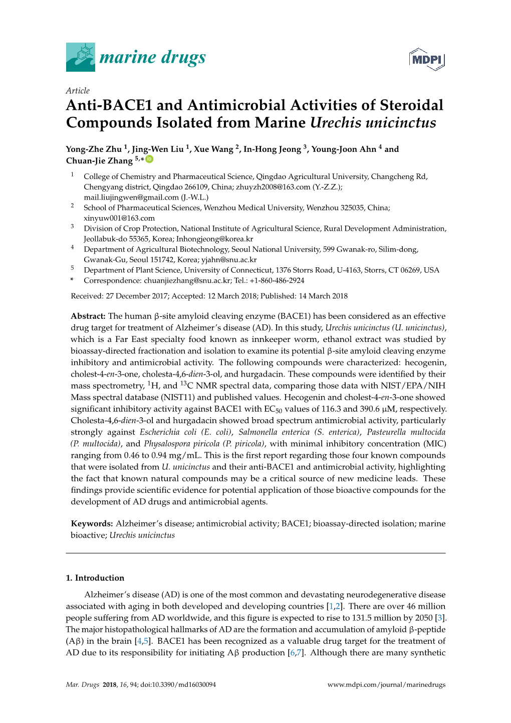 Anti-BACE1 and Antimicrobial Activities of Steroidal Compounds Isolated from Marine Urechis Unicinctus