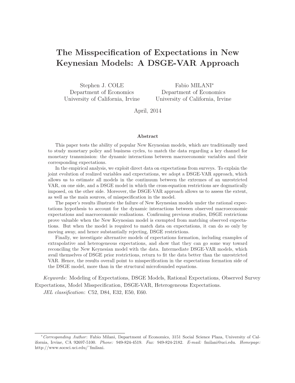 The Misspecification of Expectations in New Keynesian Models: a DSGE