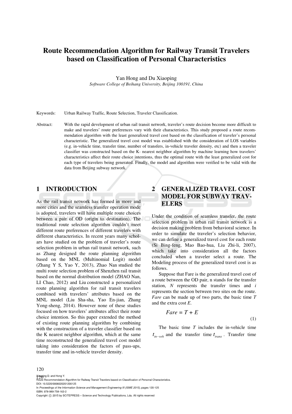 Route Recommendation Algorithm for Railway Transit Travelers Based on Classification of Personal Characteristics