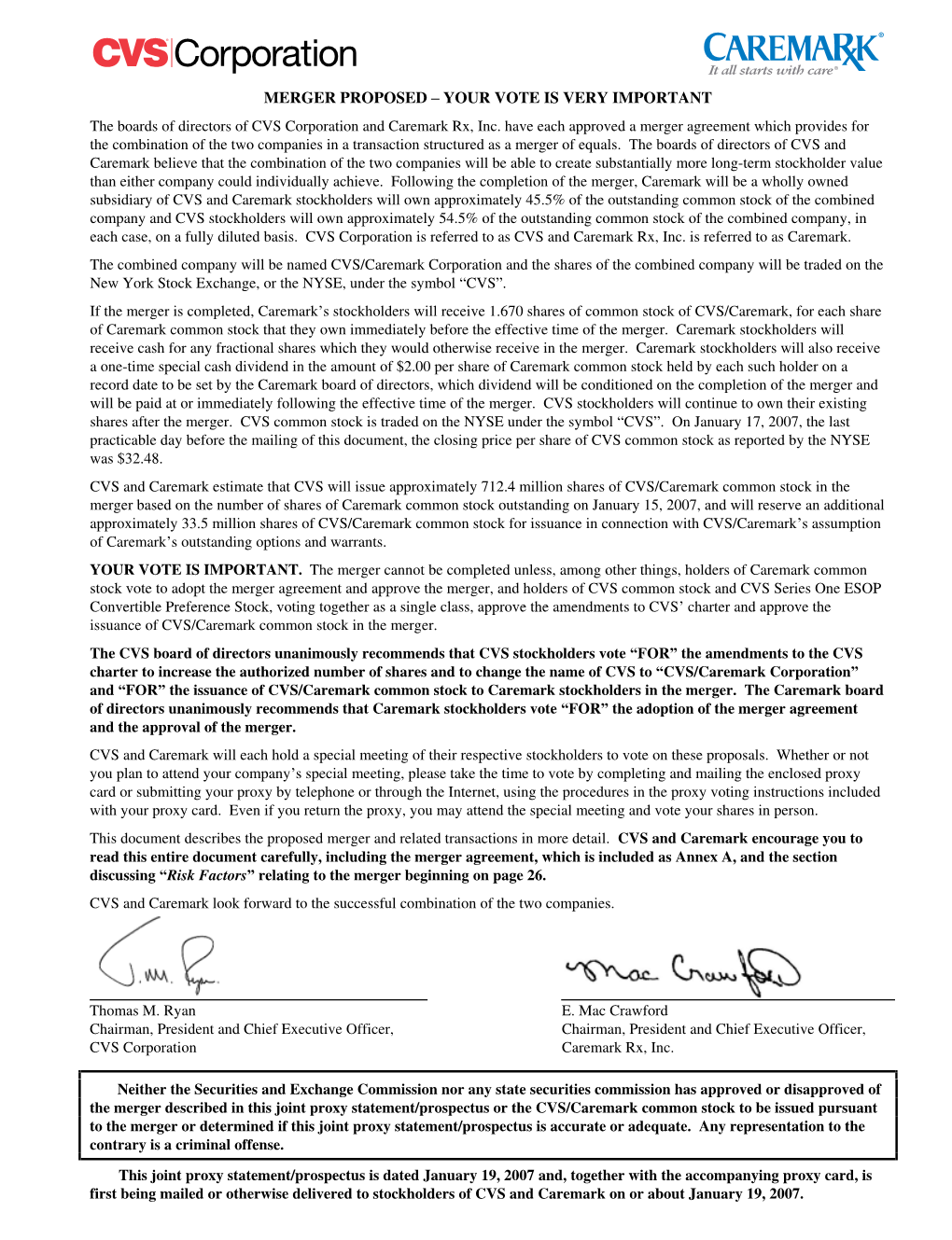 Joint Proxy Statement of CVS Corporation and Caremark Rx, Inc