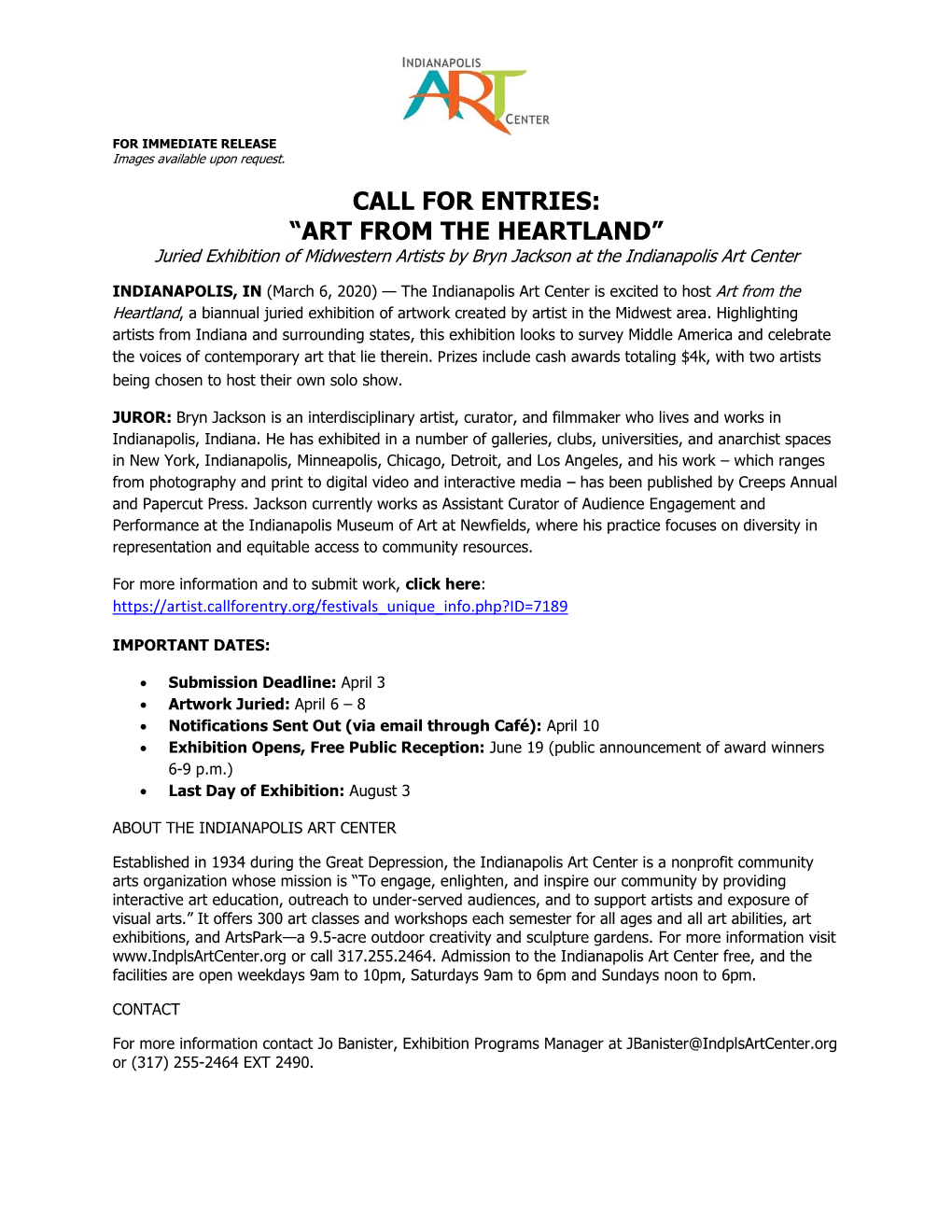 CALL for ENTRIES: “ART from the HEARTLAND” Juried Exhibition of Midwestern Artists by Bryn Jackson at the Indianapolis Art Center