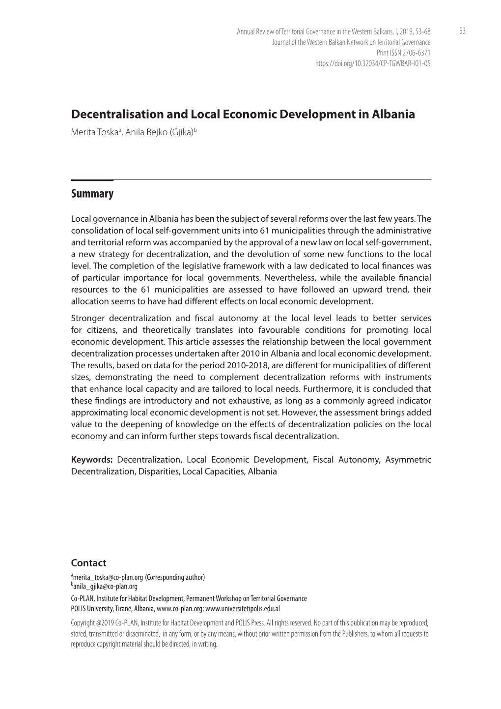 Decentralisation and Local Economic Development in Albania Merita Toskaa, Anila Bejko (Gjika)B