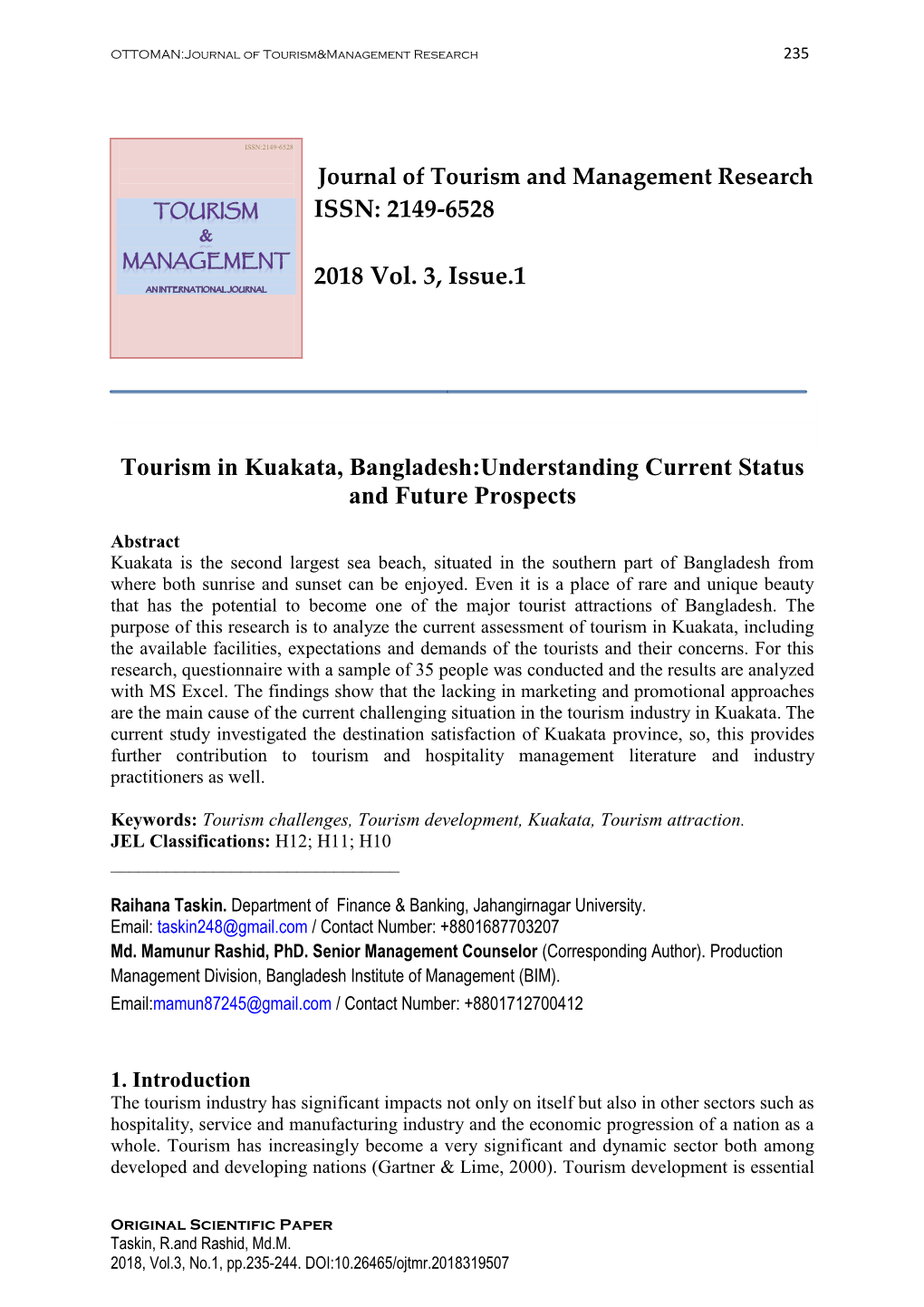 ISSN: 2149-6528 2018 Vol. 3, Issue.1 Tourism in Kuakata, Bangladesh