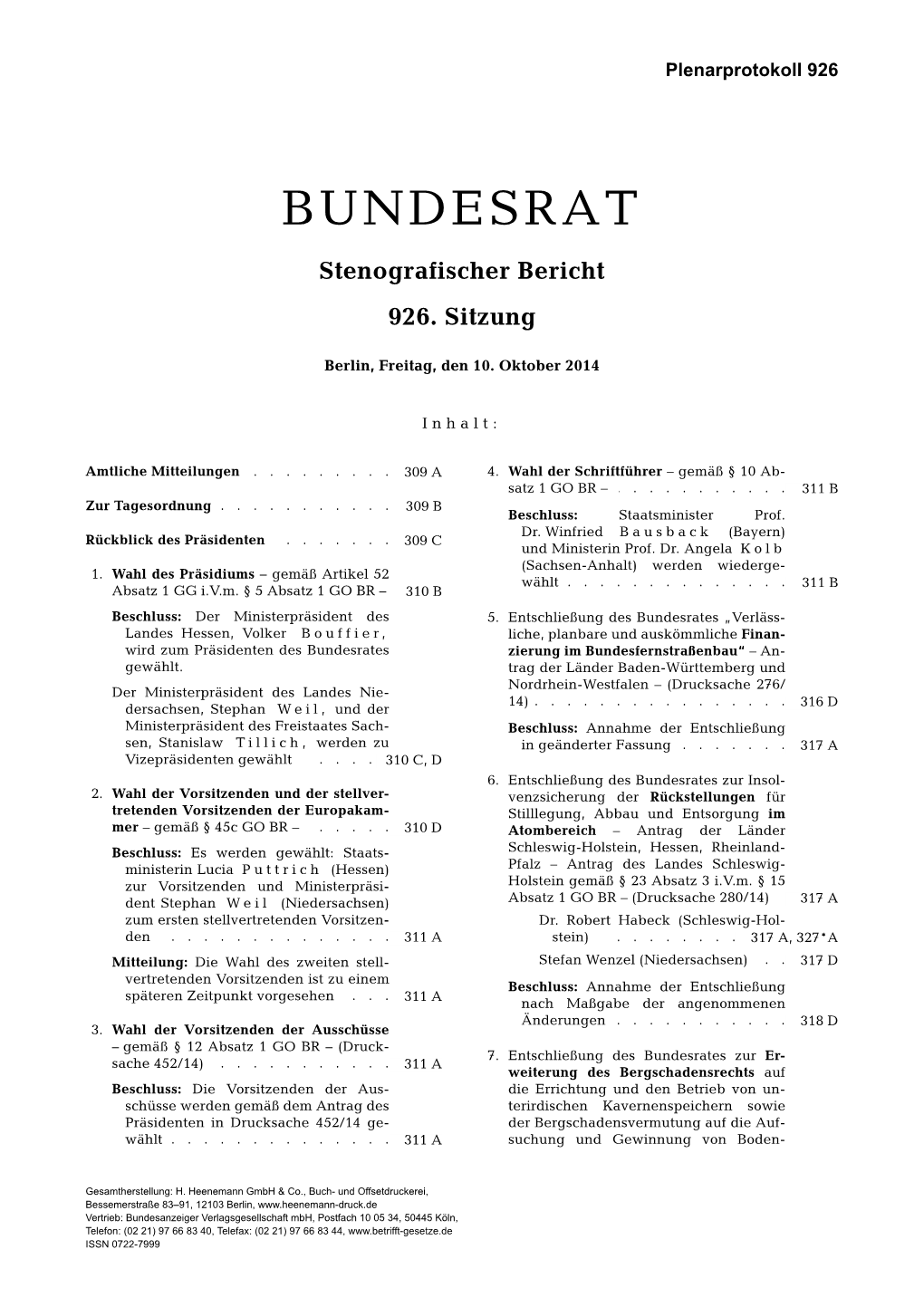 BUNDESRAT Stenografischer Bericht 926