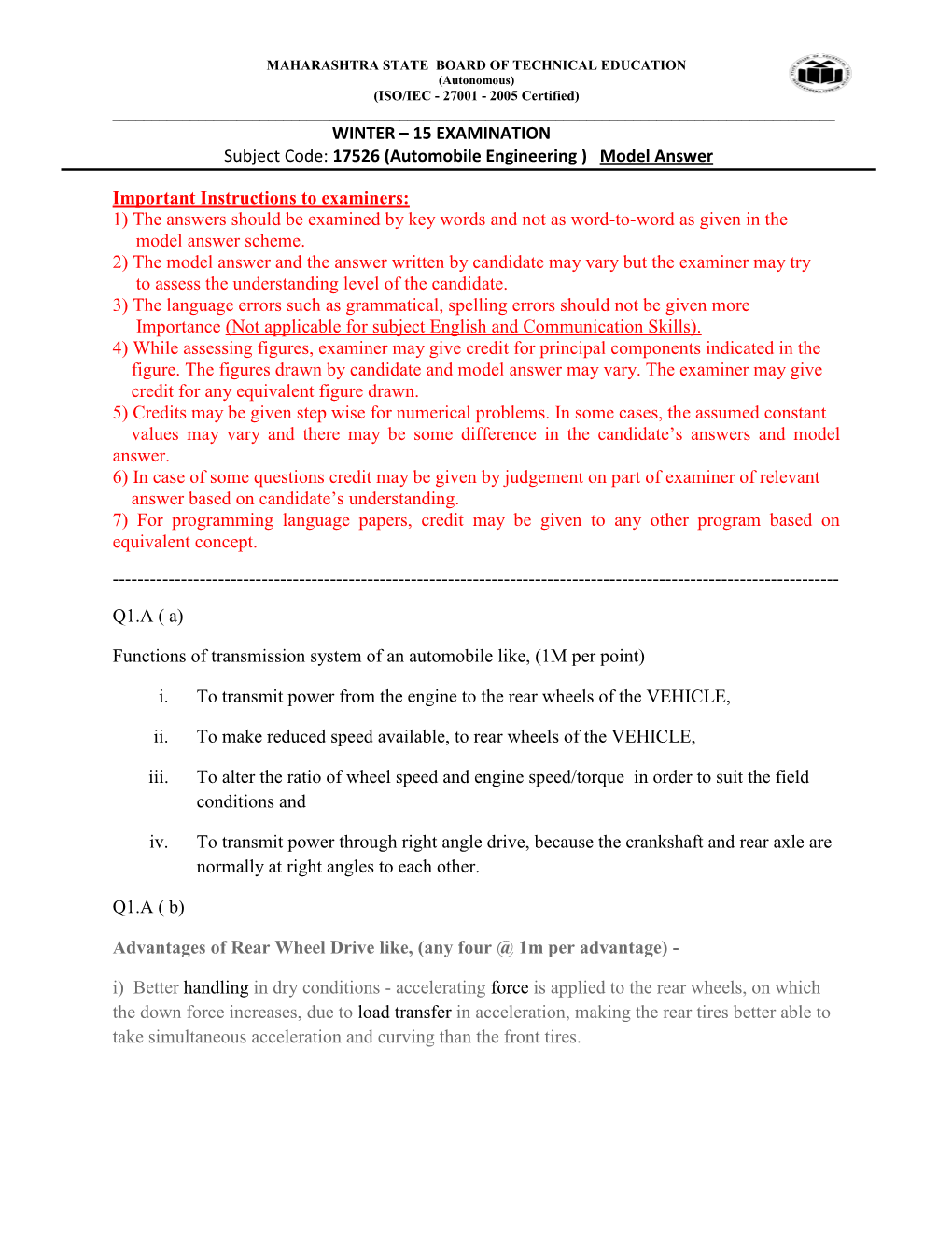 Automobile Engineering ) Model Answer