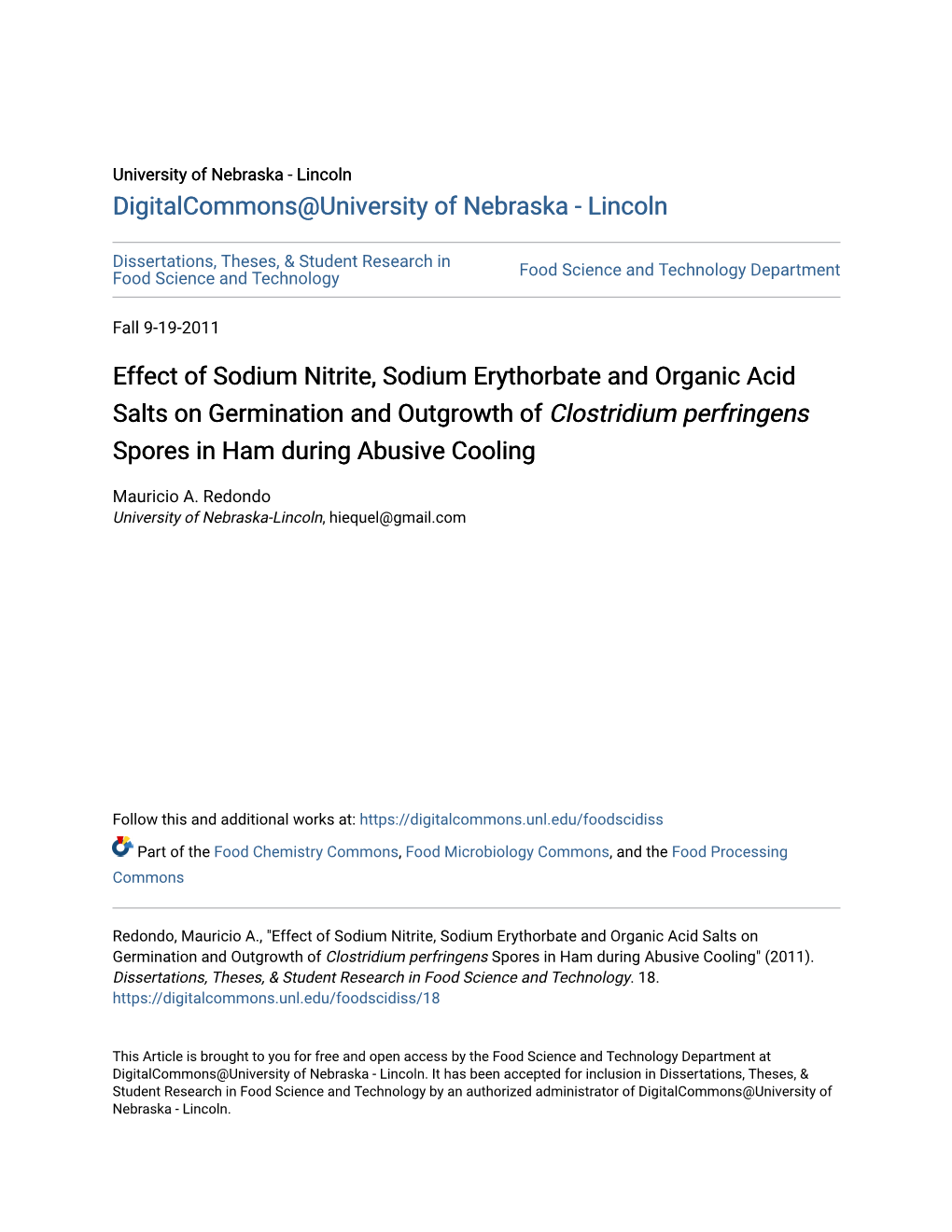 Effect of Sodium Nitrite, Sodium Erythorbate and Organic Acid Salts on Germination and Outgrowth of Clostridium Perfringens Spores in Ham During Abusive Cooling