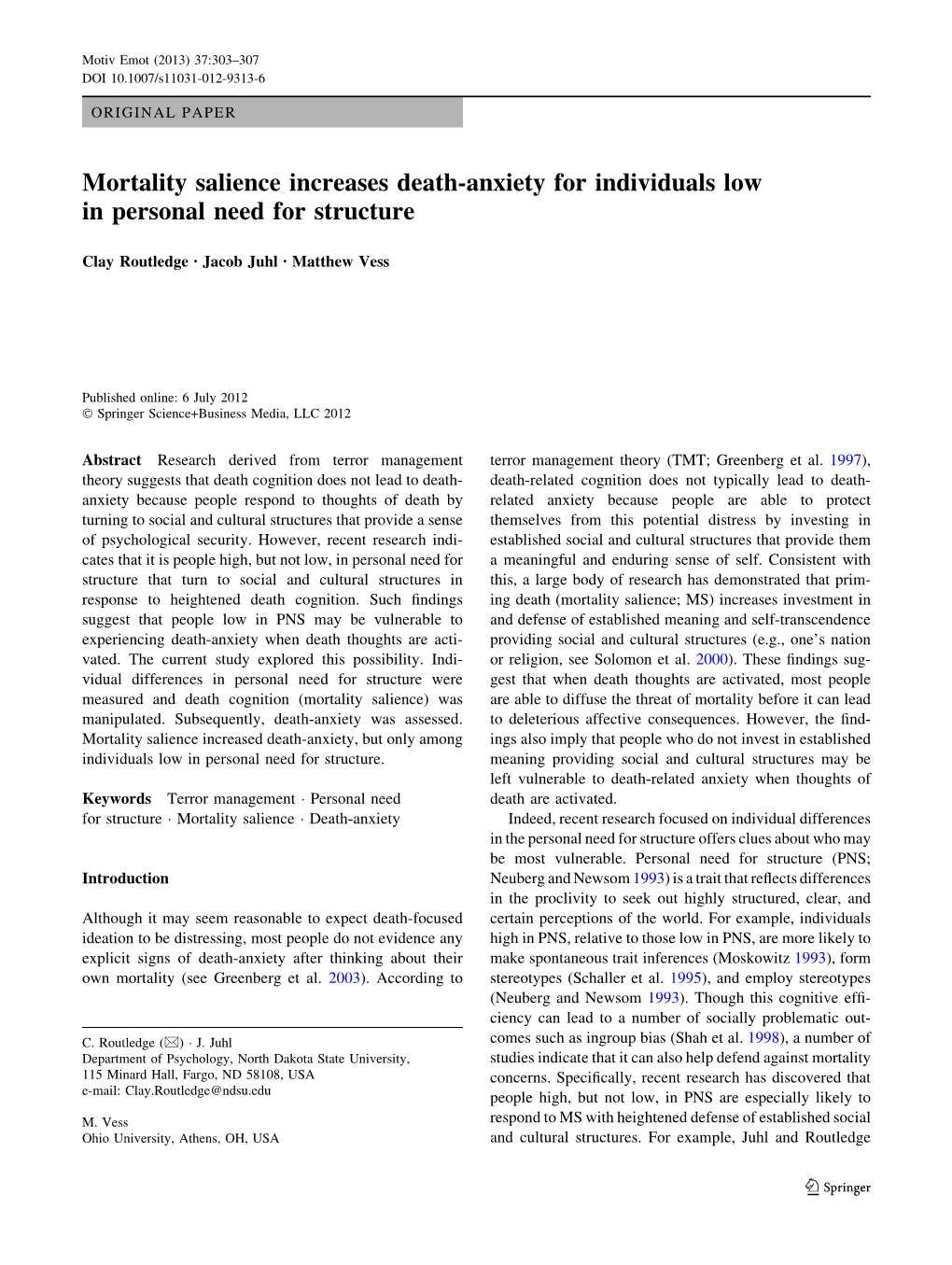 Mortality Salience Increases Death-Anxiety for Individuals Low in Personal Need for Structure