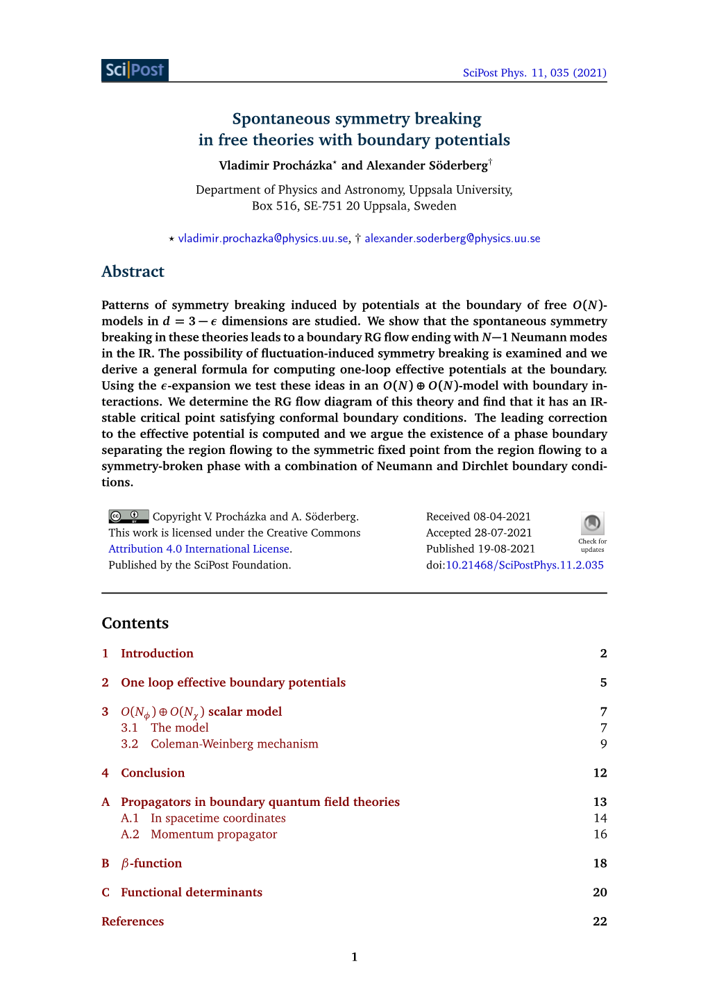 Spontaneous Symmetry Breaking in Free Theories with Boundary