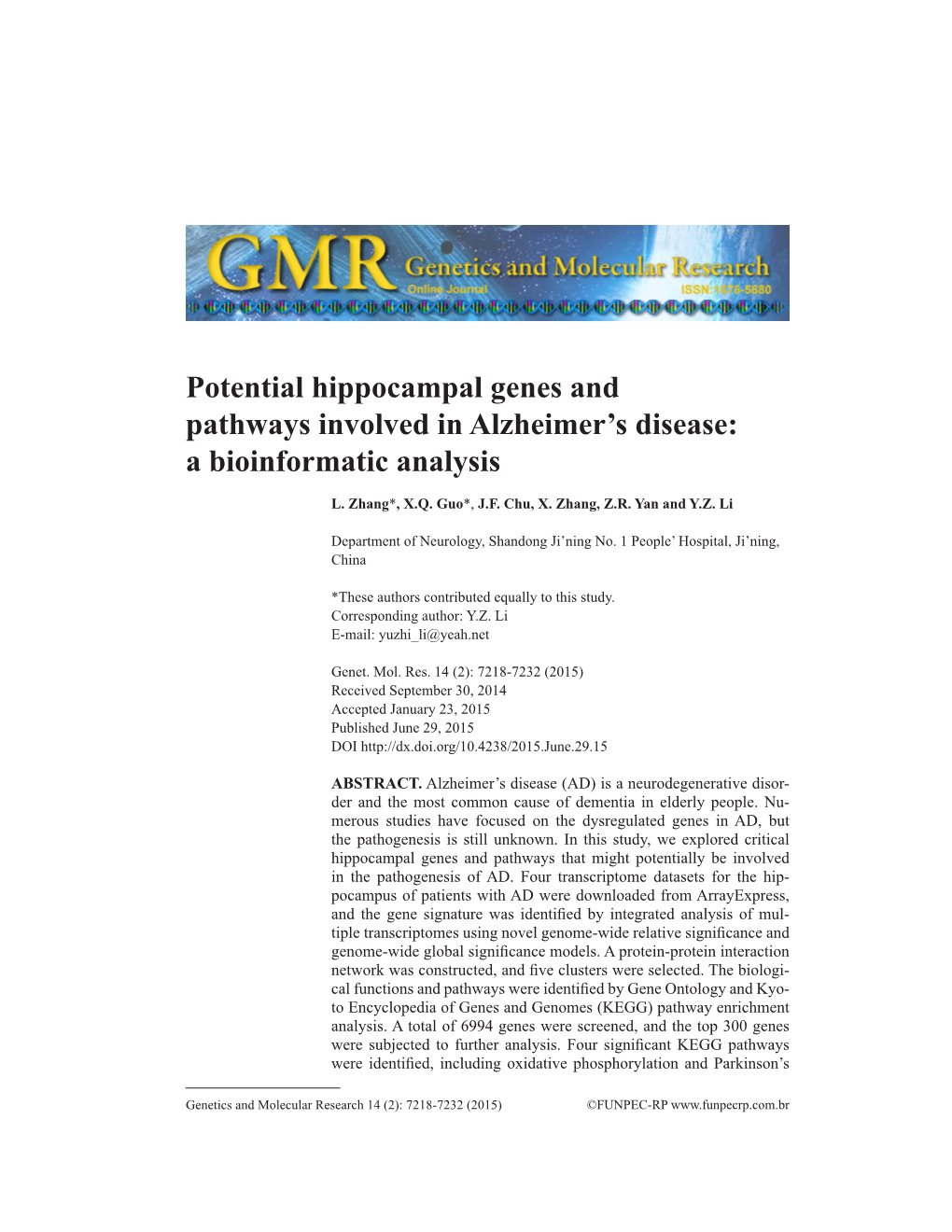 Potential Hippocampal Genes and Pathways Involved in Alzheimer's Disease: a Bioinformatic Analysis