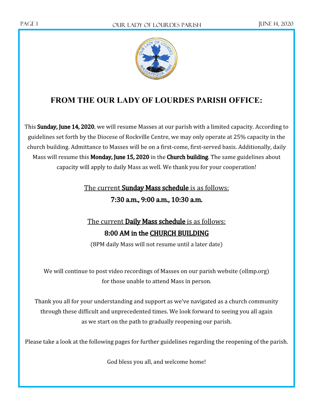 From the Our Lady of Lourdes Parish Office