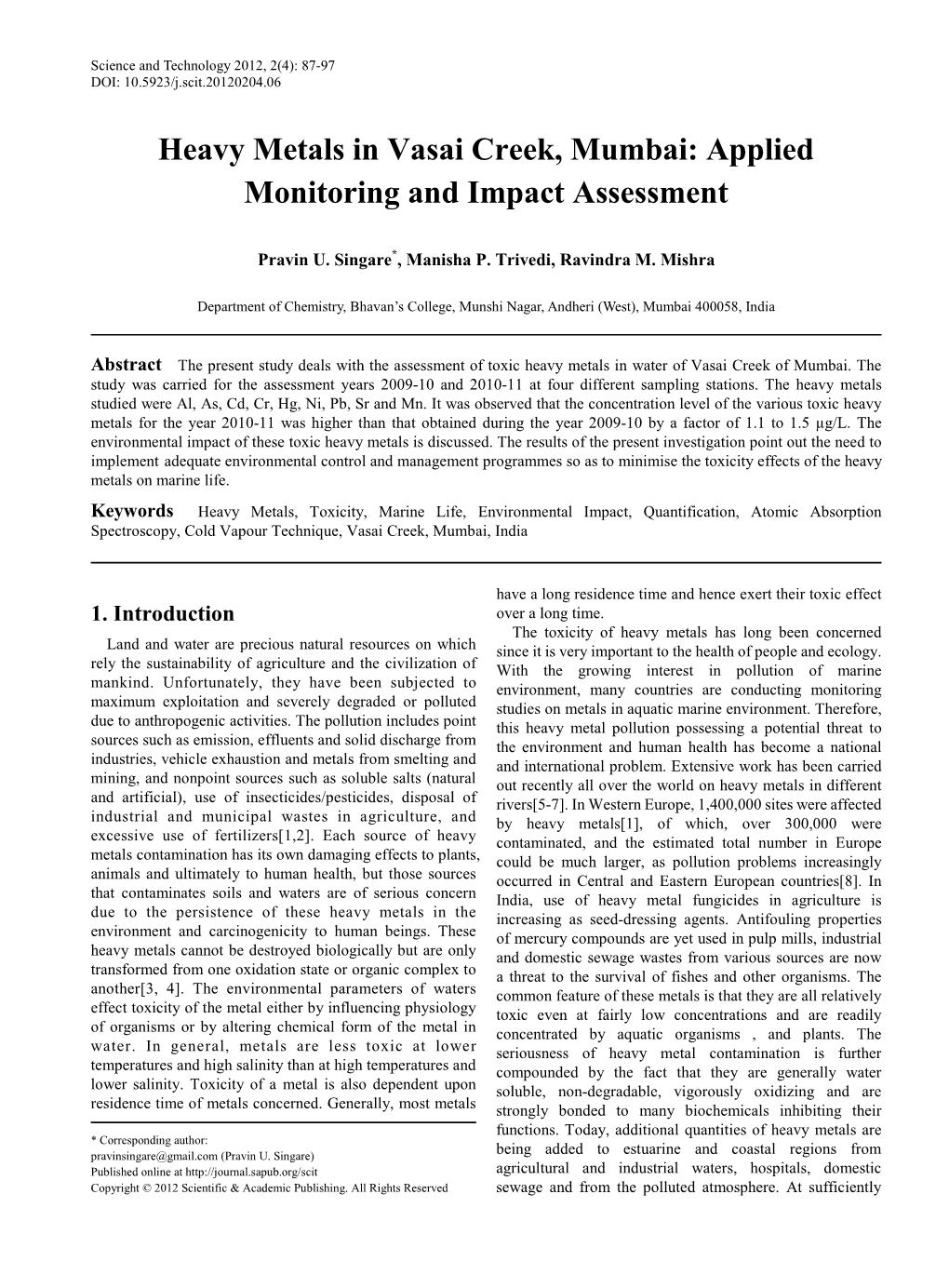 Heavy Metals in Vasai Creek, Mumbai: Applied Monitoring and Impact Assessment