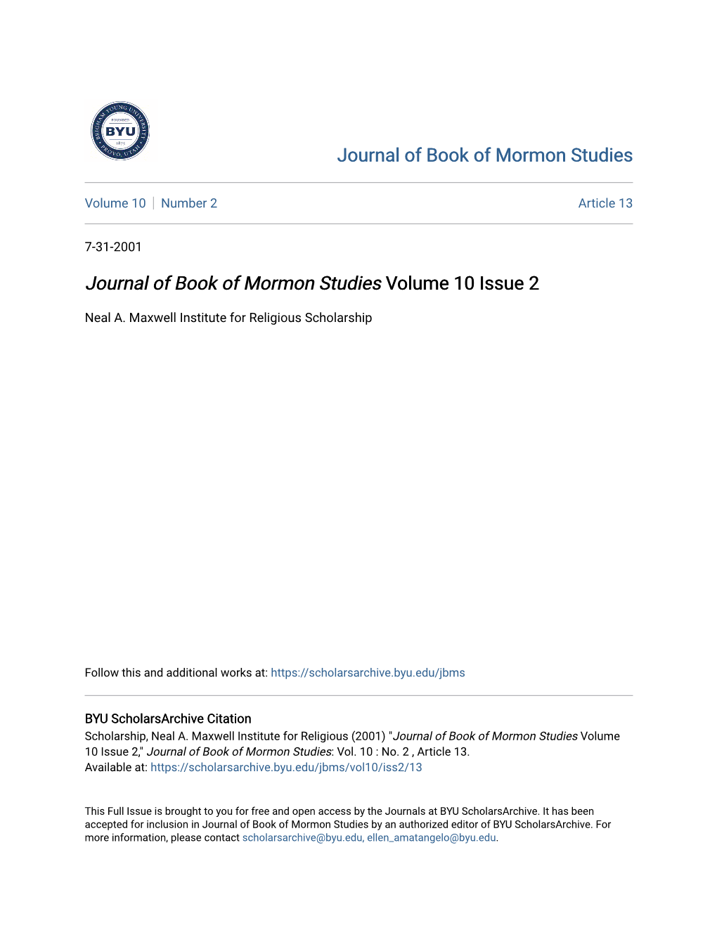 Journal of Book of Mormon Studies Volume 10 Issue 2