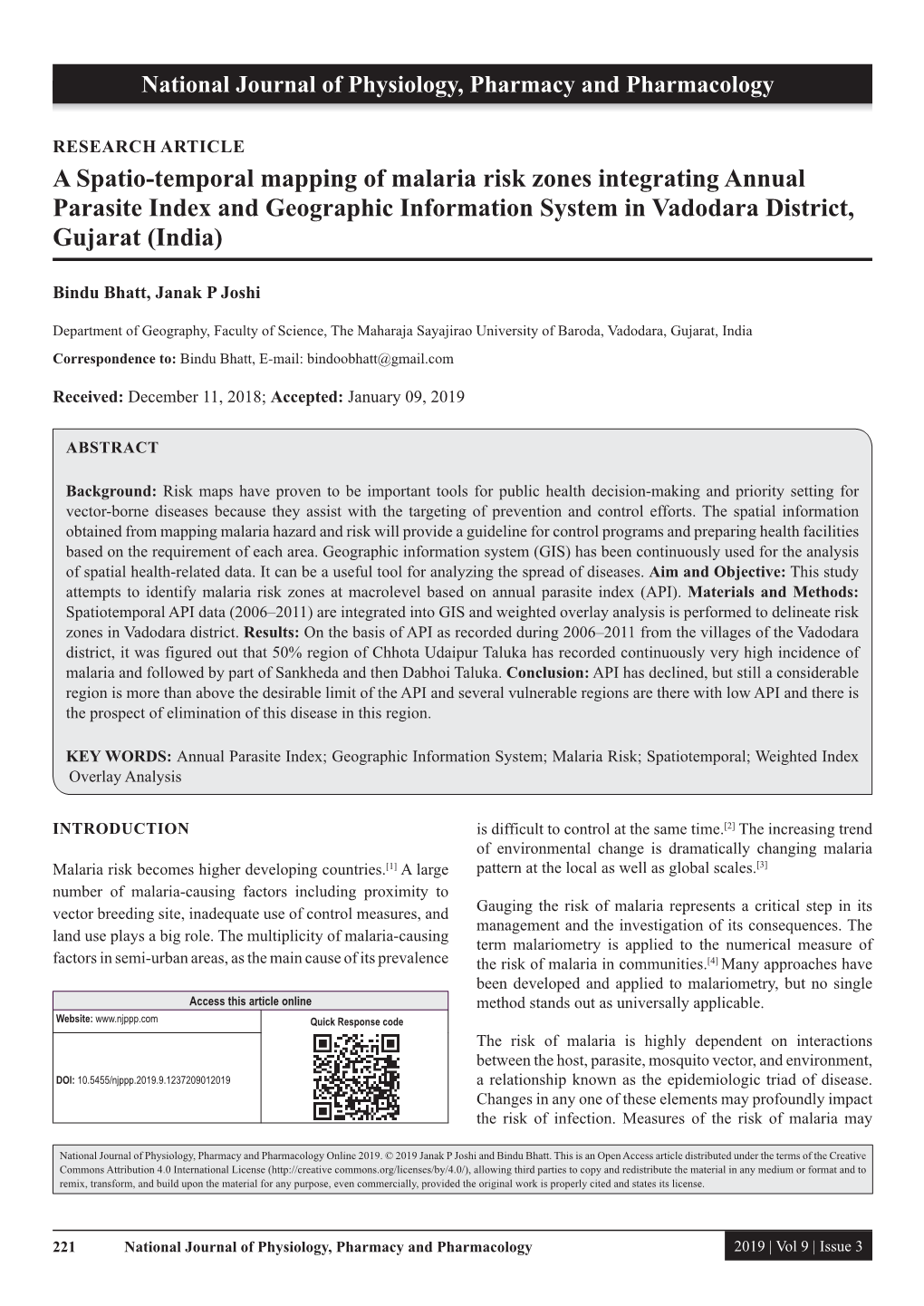 A Spatio-Temporal Mapping of Malaria Risk Zones Integrating Annual Parasite Index and Geographic Information System in Vadodara District, Gujarat (India)