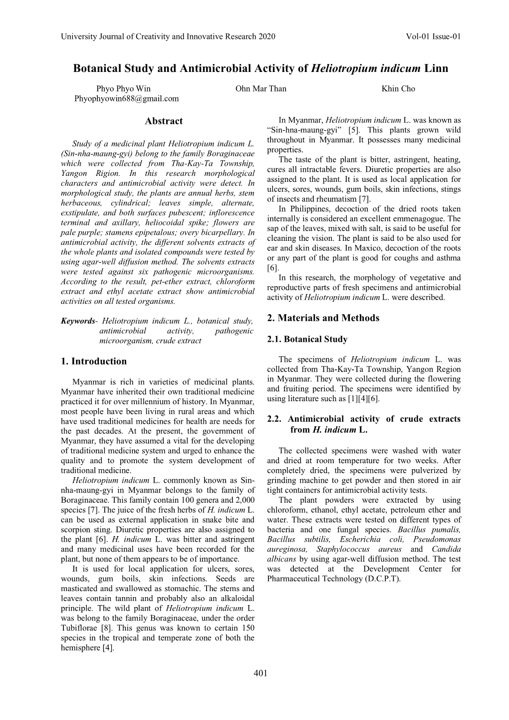 Botanical Study and Antimicrobial Activity of Heliotropium Indicum Linn