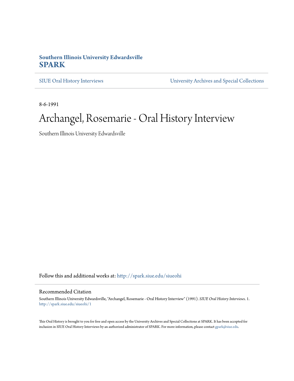 Archangel, Rosemarie - Oral History Interview Southern Illinois University Edwardsville