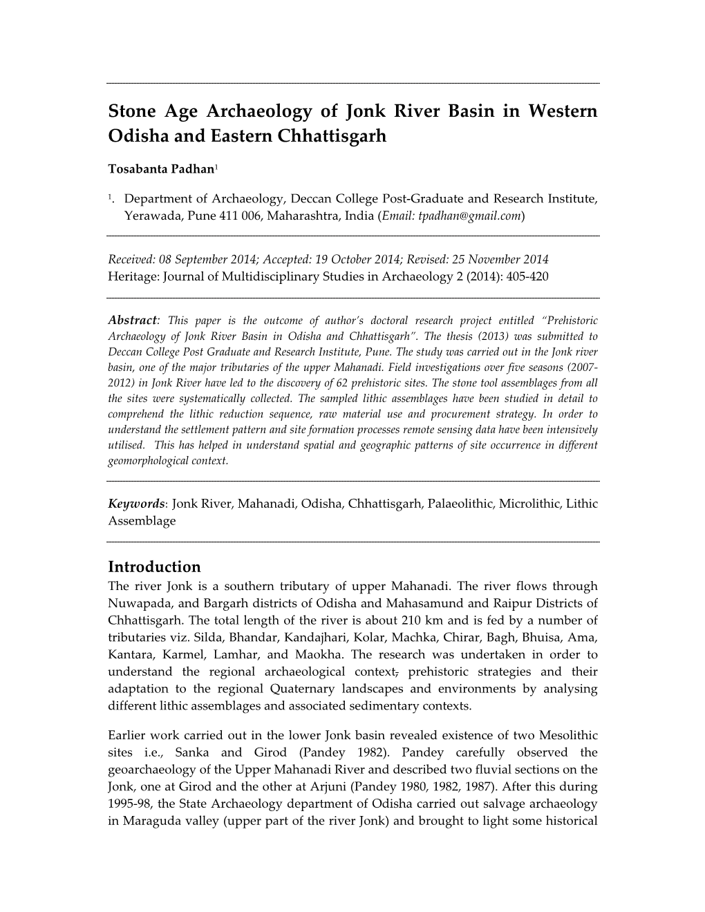 Stone Age Archaeology of Jonk River Basin in Western Odisha and Eastern Chhattisgarh