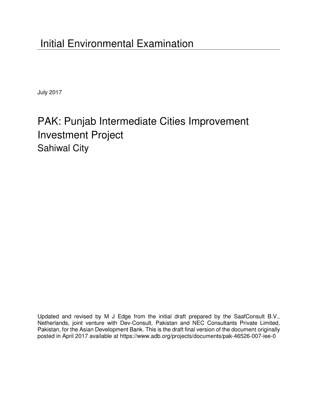 Punjab Intermediate Cities Improvement Investment Project Sahiwal City