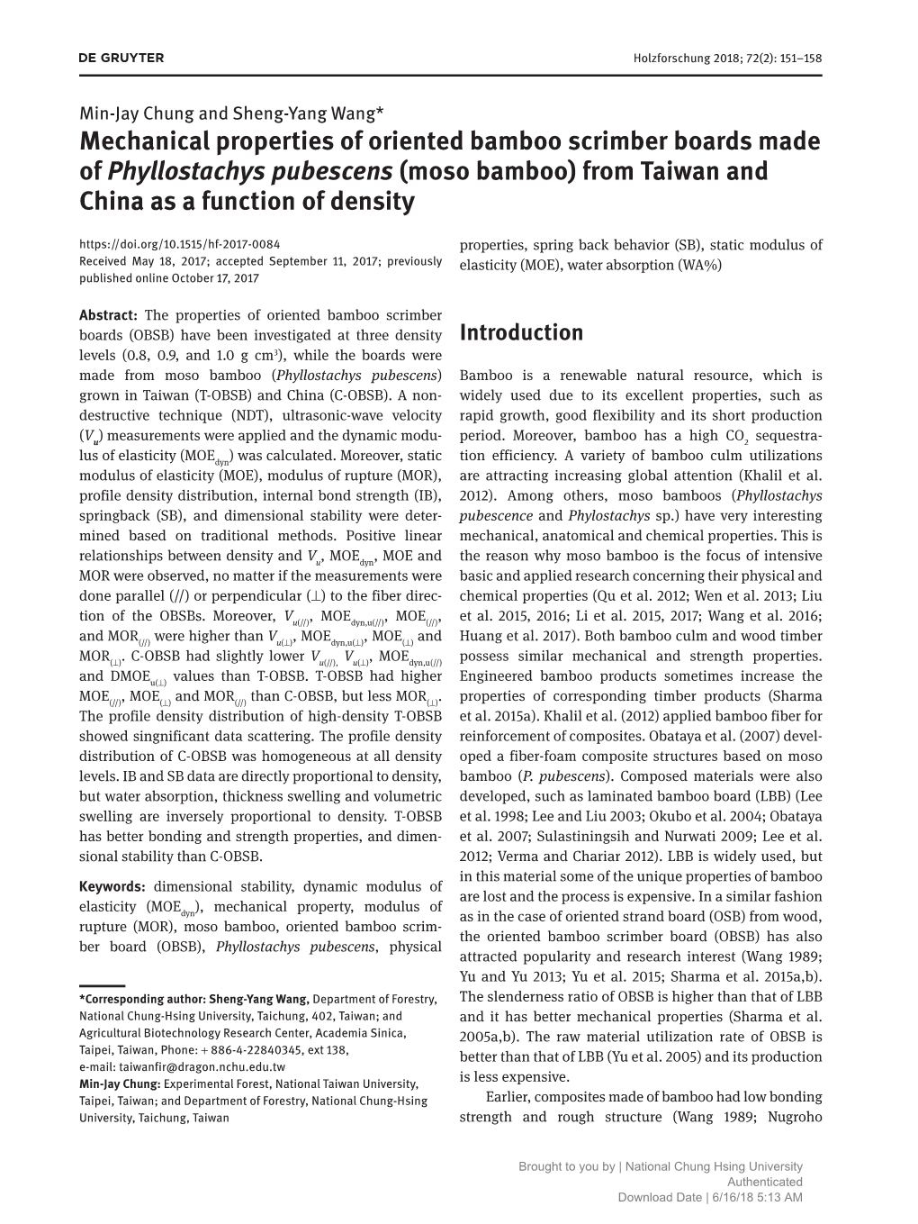 Mechanical Properties of Oriented Bamboo Scrimber Boards Made of Phyllostachys Pubescens (Moso Bamboo) from Taiwan and China As