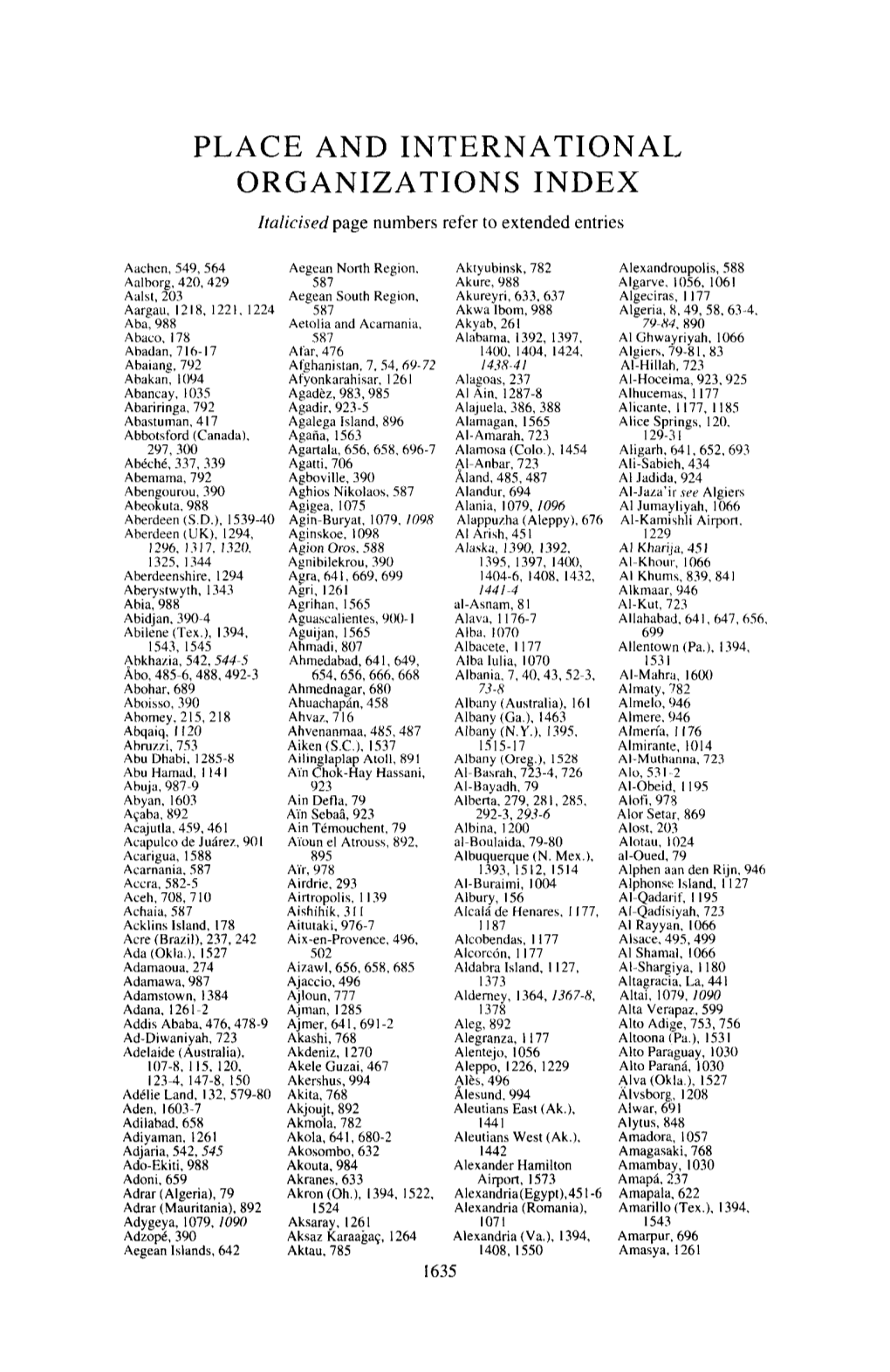 PLACE and INTERNATIONAL ORGANIZA TIONS INDEX Italicised Page Numbers Refer to Extended Entries