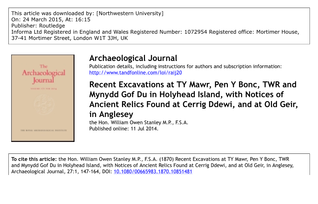 Archaeological Journal Recent Excavations at TY Mawr, Pen Y