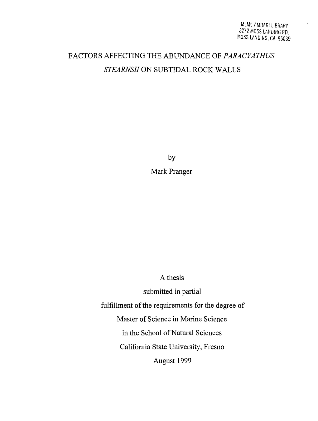 Factors Affecting the Abundance of Paracyathus Stearns!! on Subtidal Rock Walls