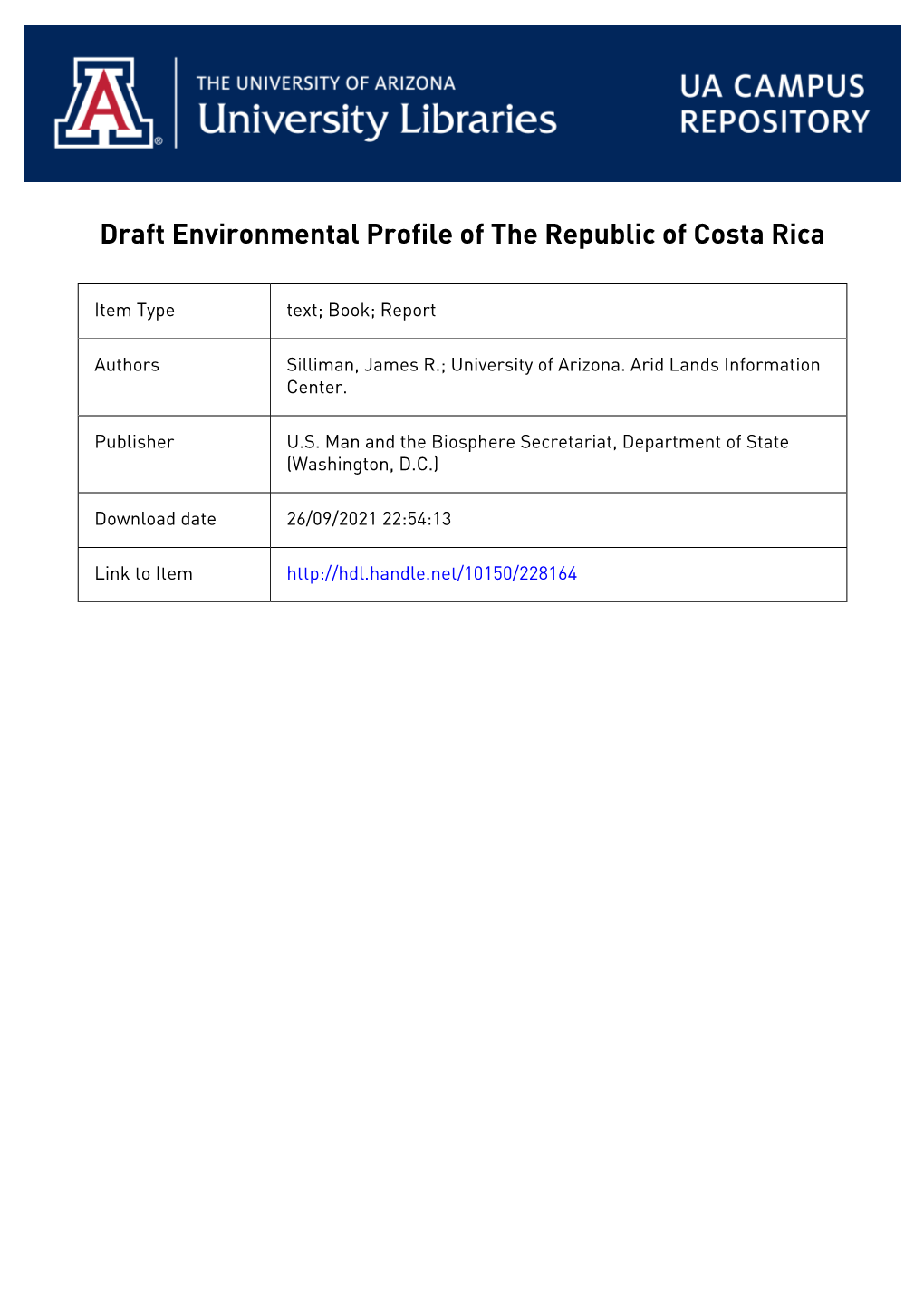 DRAFT Environmental Profile the Republic Costa Rica Prepared By