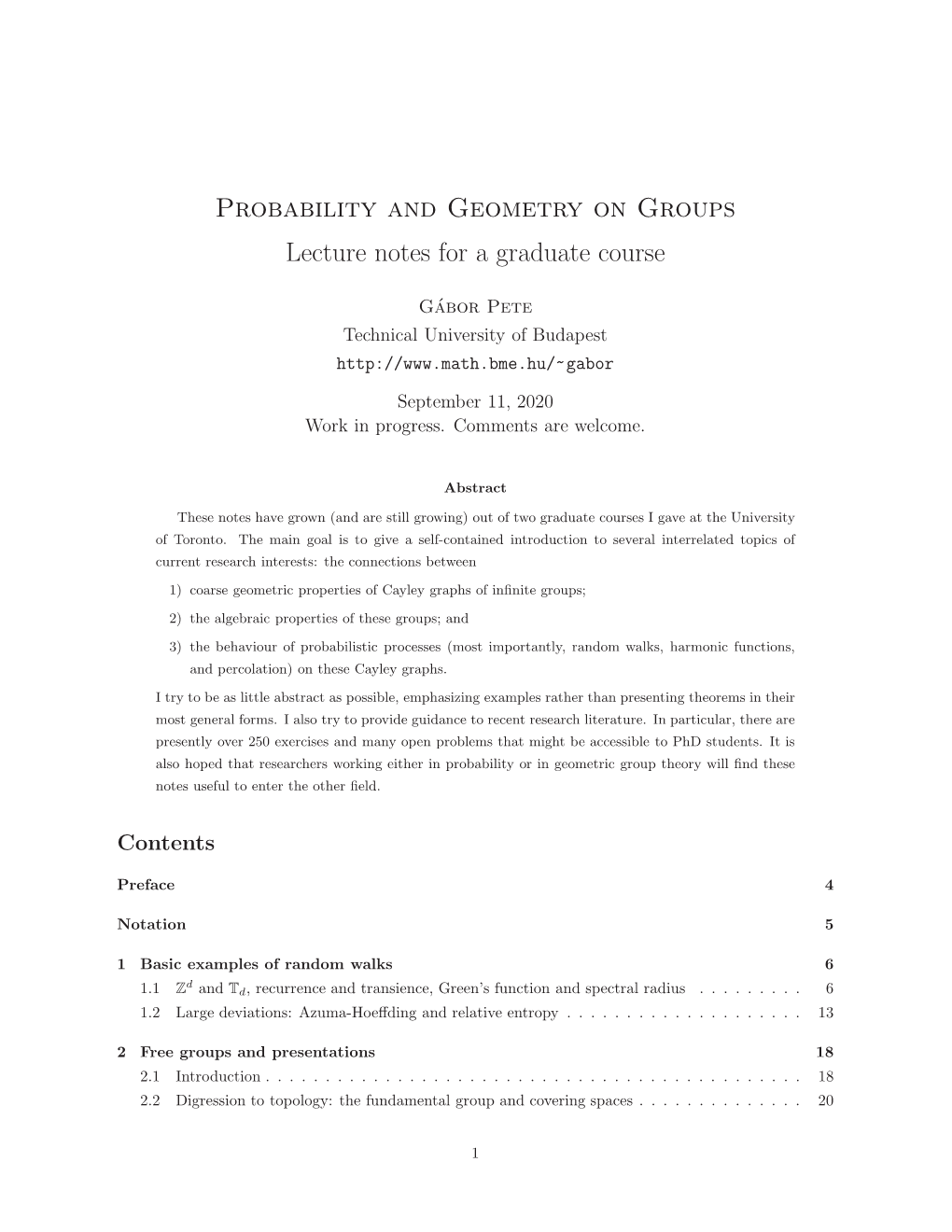 Probability and Geometry on Groups Lecture Notes for a Graduate Course