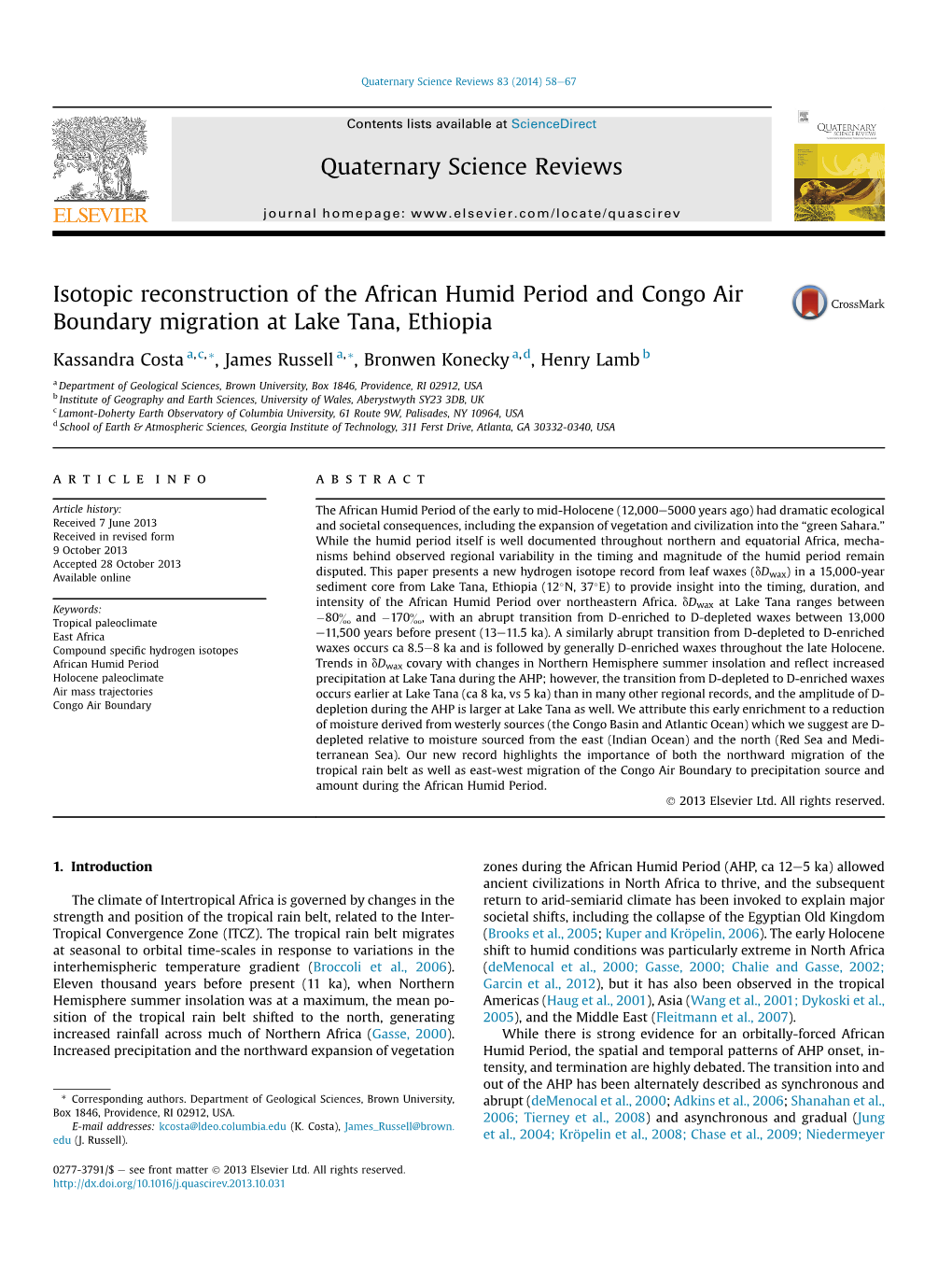 Isotopic Reconstruction of the African Humid Period and Congo Air Boundary Migration at Lake Tana, Ethiopia