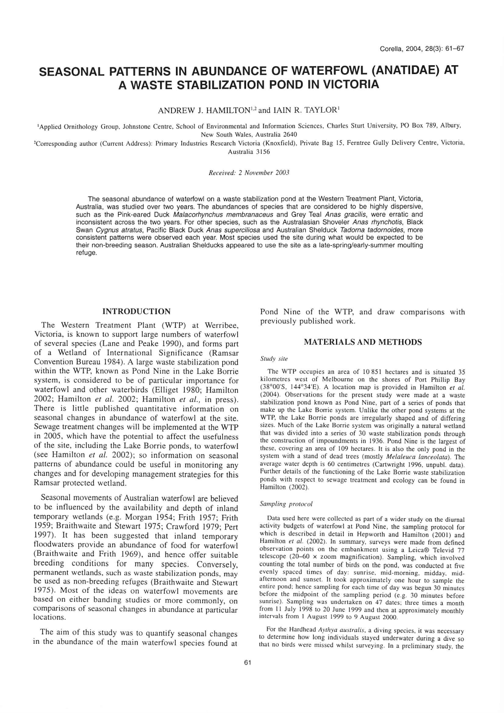 Seasonal Patterns in Abundance of Waterfowl