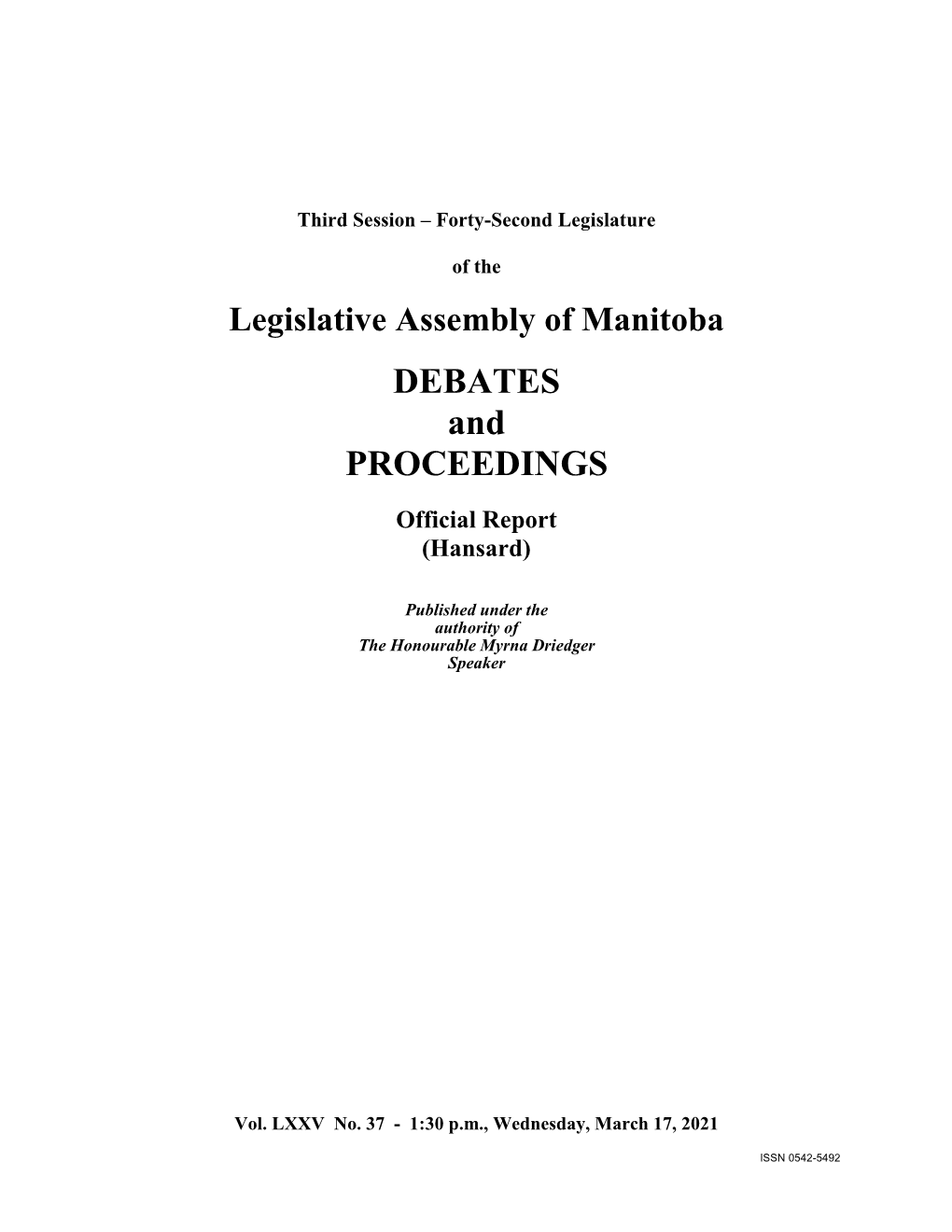 Legislative Assembly of Manitoba DEBATES and PROCEEDINGS