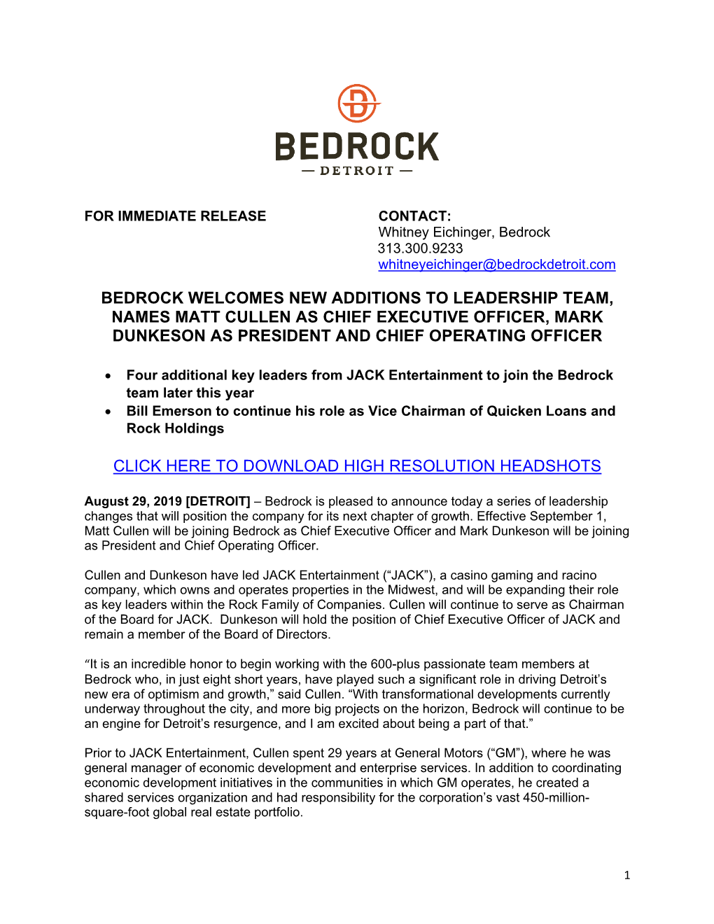 Bedrock Welcomes New Additions to Leadership Team, Names Matt Cullen As Chief Executive Officer, Mark Dunkeson As President and Chief Operating Officer