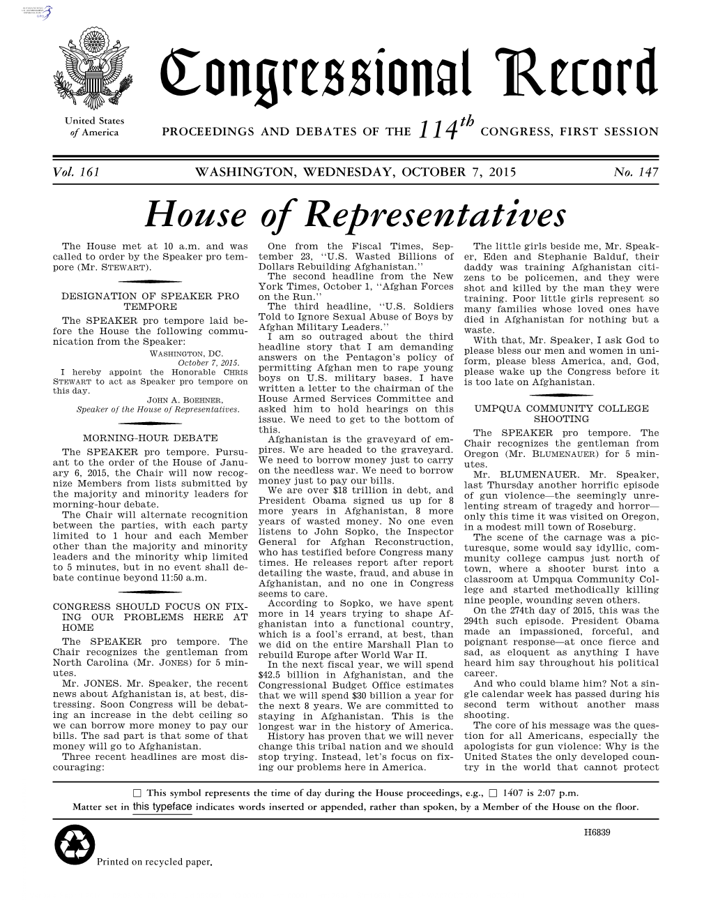 Congressional Record United States Th of America PROCEEDINGS and DEBATES of the 114 CONGRESS, FIRST SESSION