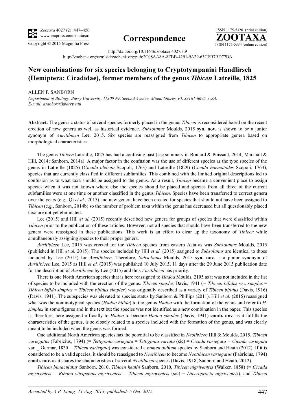 New Combinations for Six Species Belonging to Cryptotympanini Handlirsch (Hemiptera: Cicadidae), Former Members of the Genus Tibicen Latreille, 1825