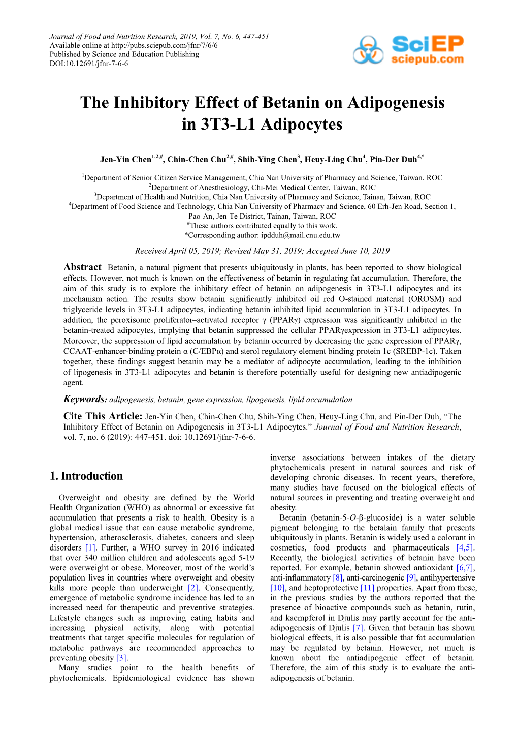 The Inhibitory Effect of Betanin on Adipogenesis in 3T3-L1 Adipocytes