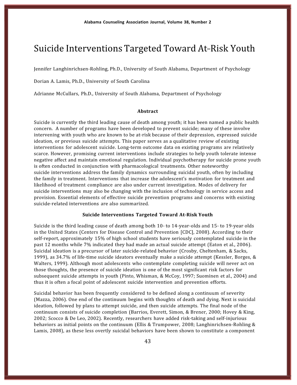 Suicide Interventions Targeted Toward At-‐-‐-‐Risk Youth
