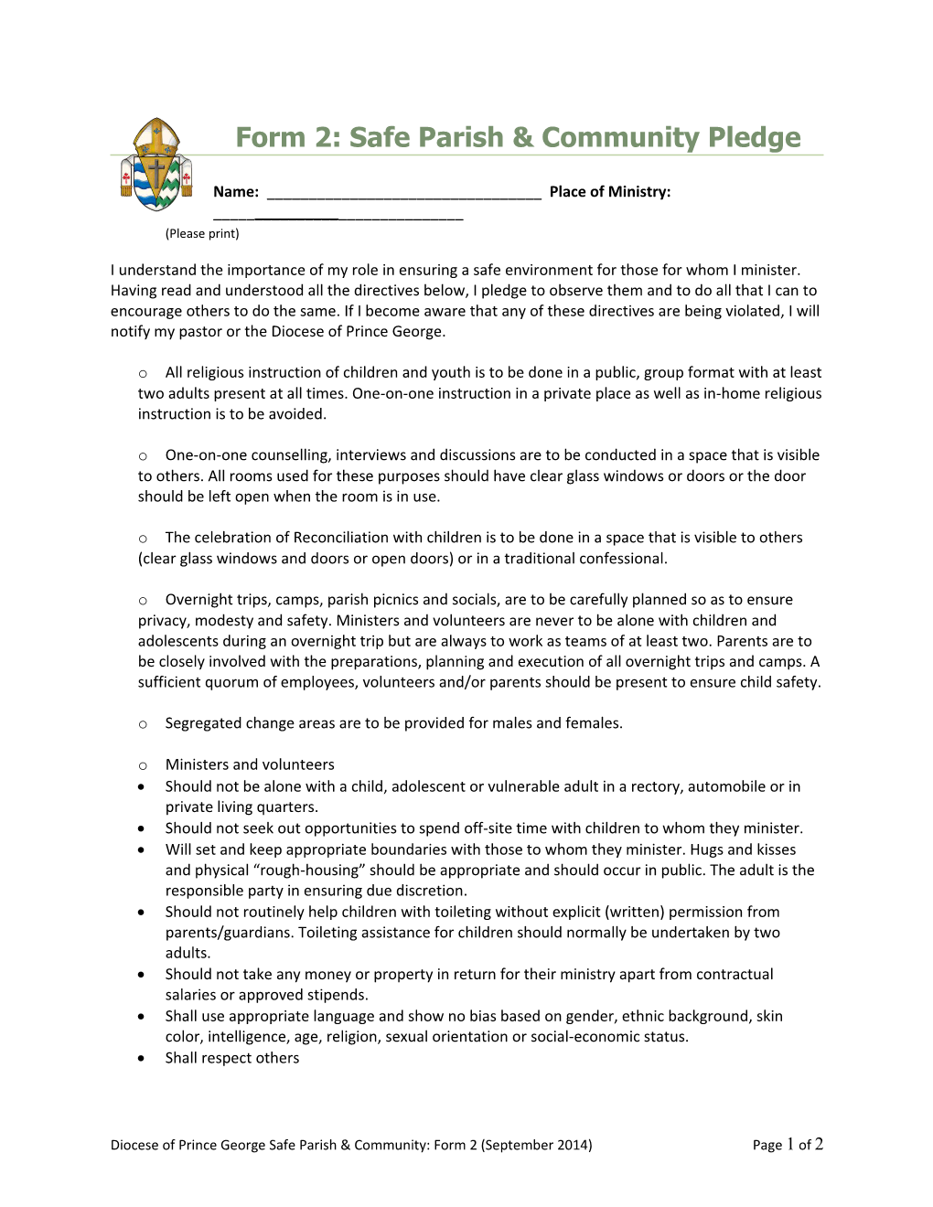 Form 2: Safe Parish & Community Pledge