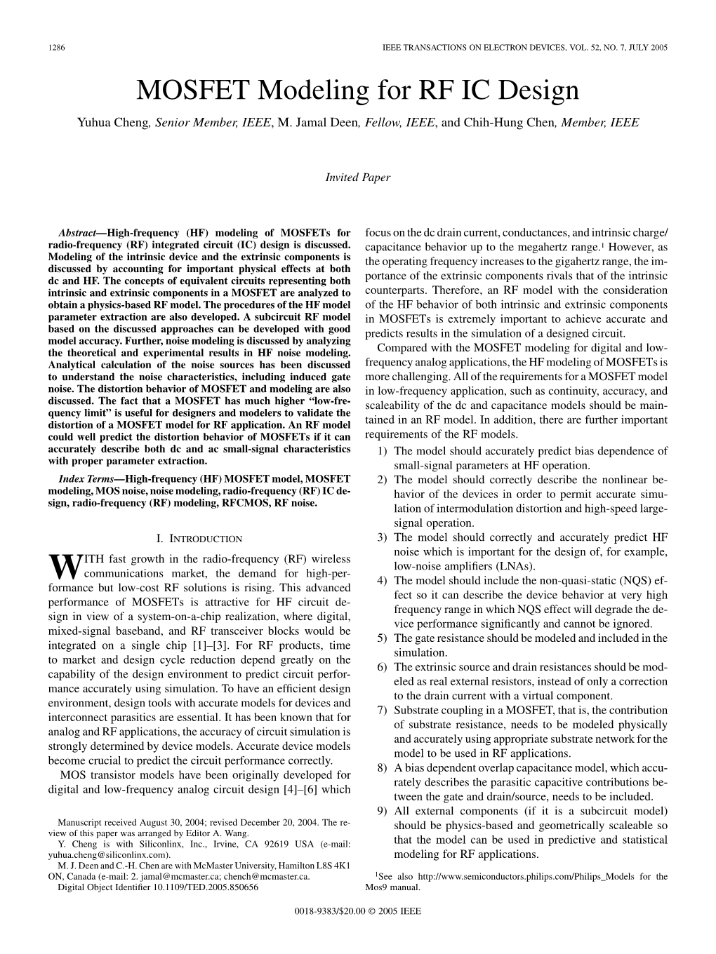 MOSFET Modeling for RF IC Design Yuhua Cheng, Senior Member, IEEE, M