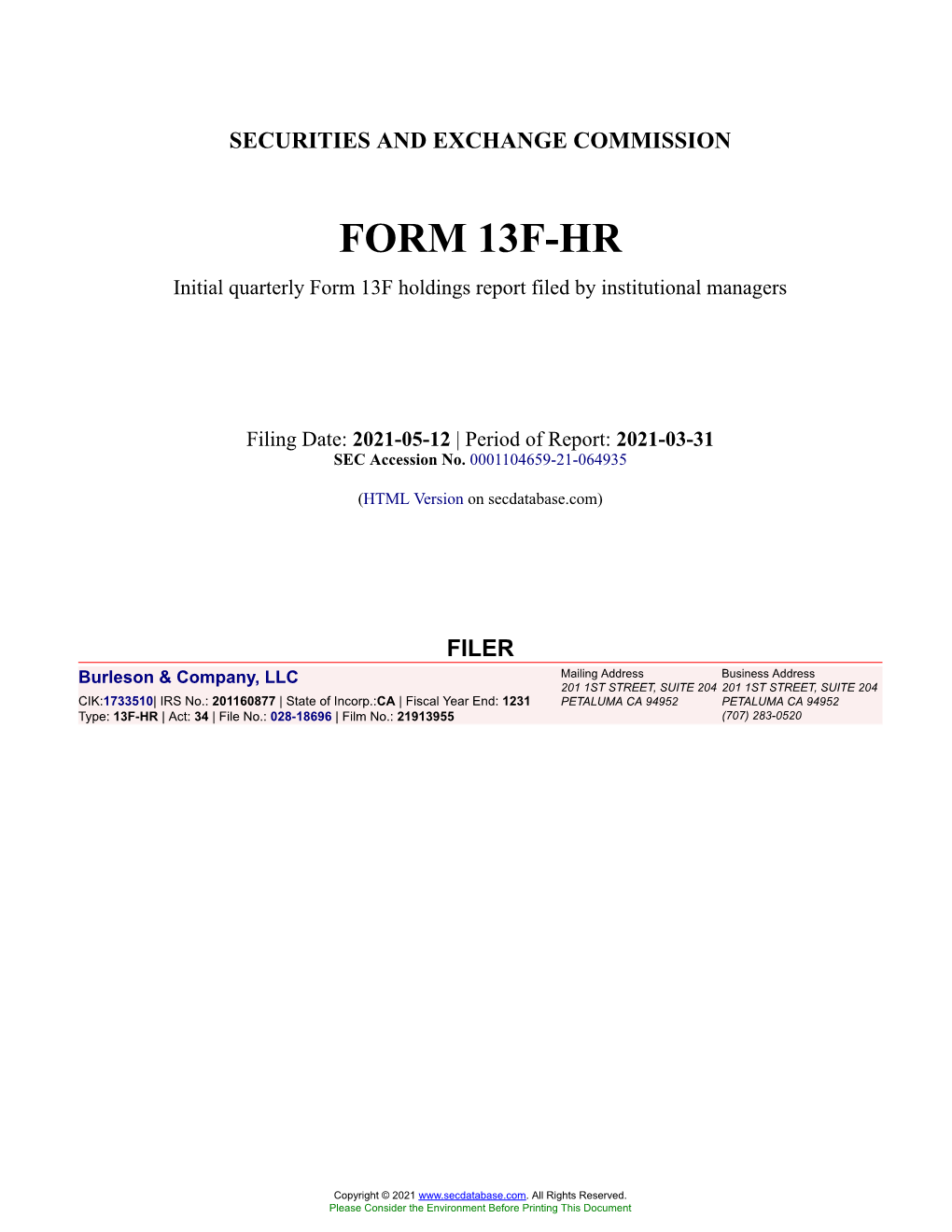 Burleson & Company, LLC Form 13F-HR Filed 2021-05-12