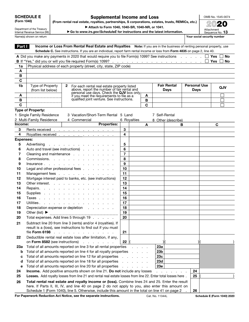 2020 Schedule E (Form 1040) 2020 Attachment Sequence No