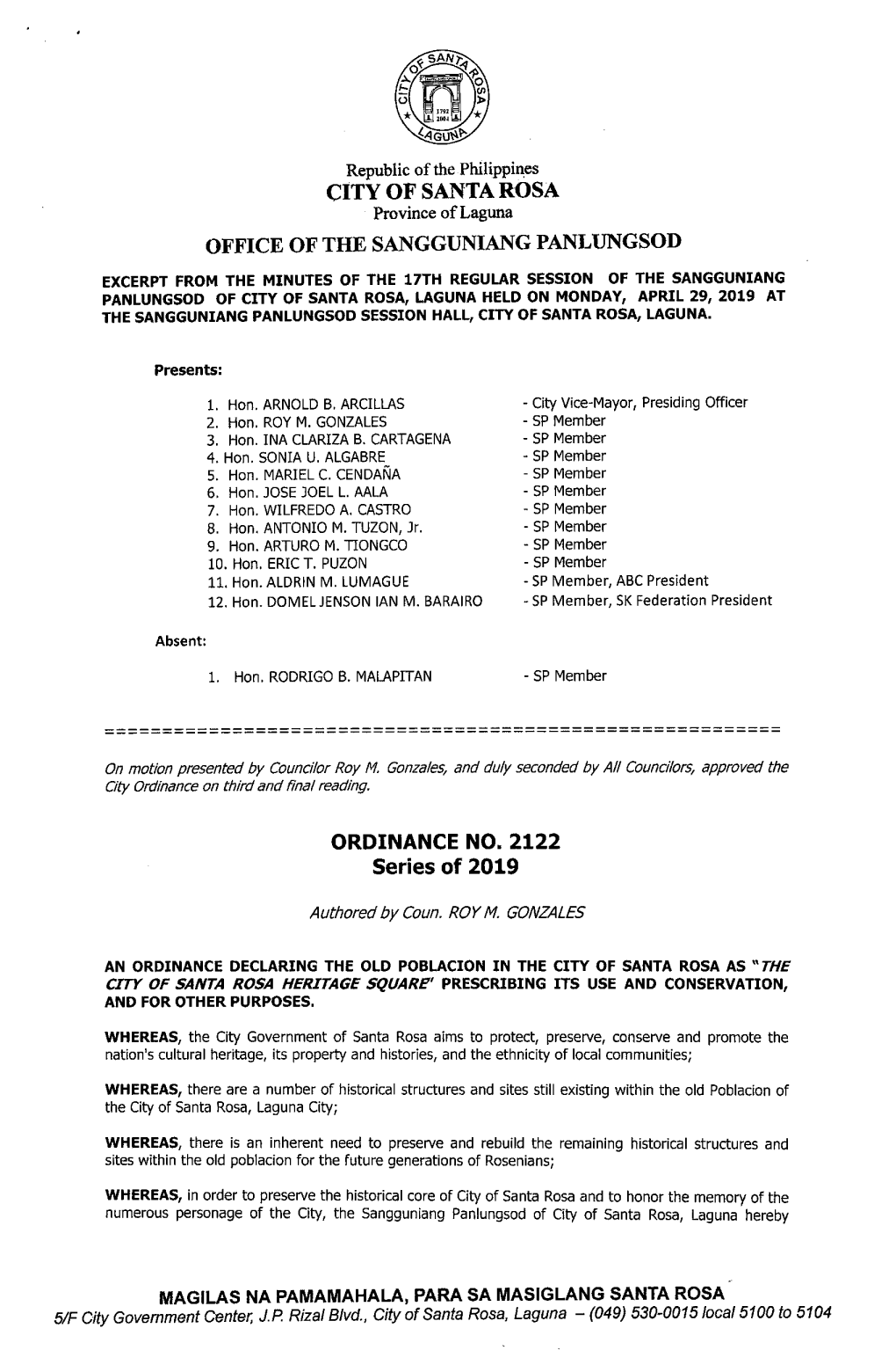 ORDINANCE NO 2122 Series of 2019