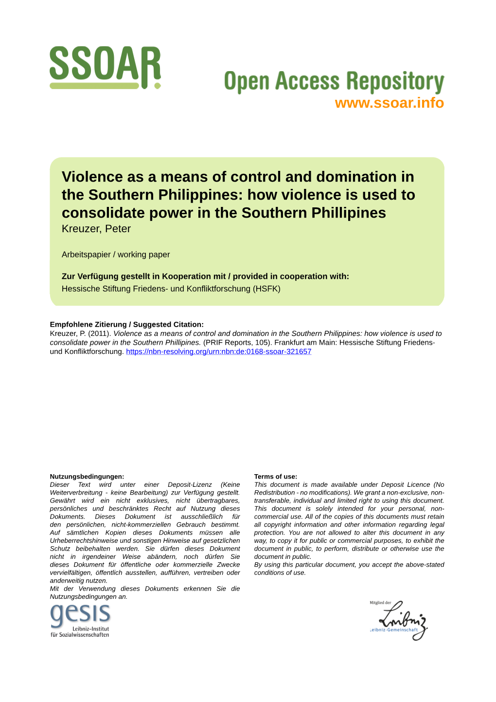 Violence As a Means of Control and Domination in the Southern Philippines: How Violence Is Used to Consolidate Power in the Southern Phillipines Kreuzer, Peter