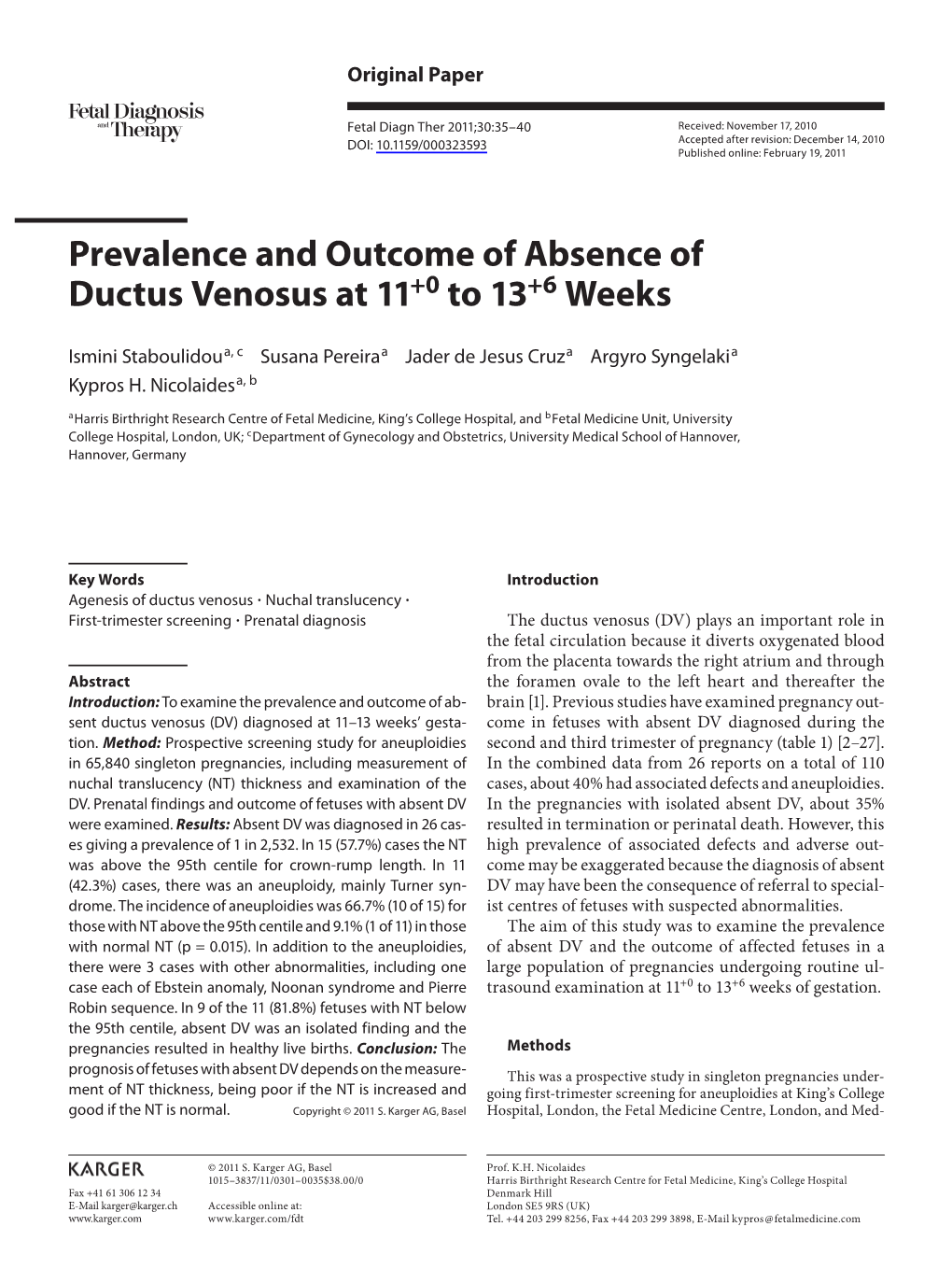 Prevalence and Outcome of Absence of Ductus Venosus at 11+0 to 13+6 Weeks