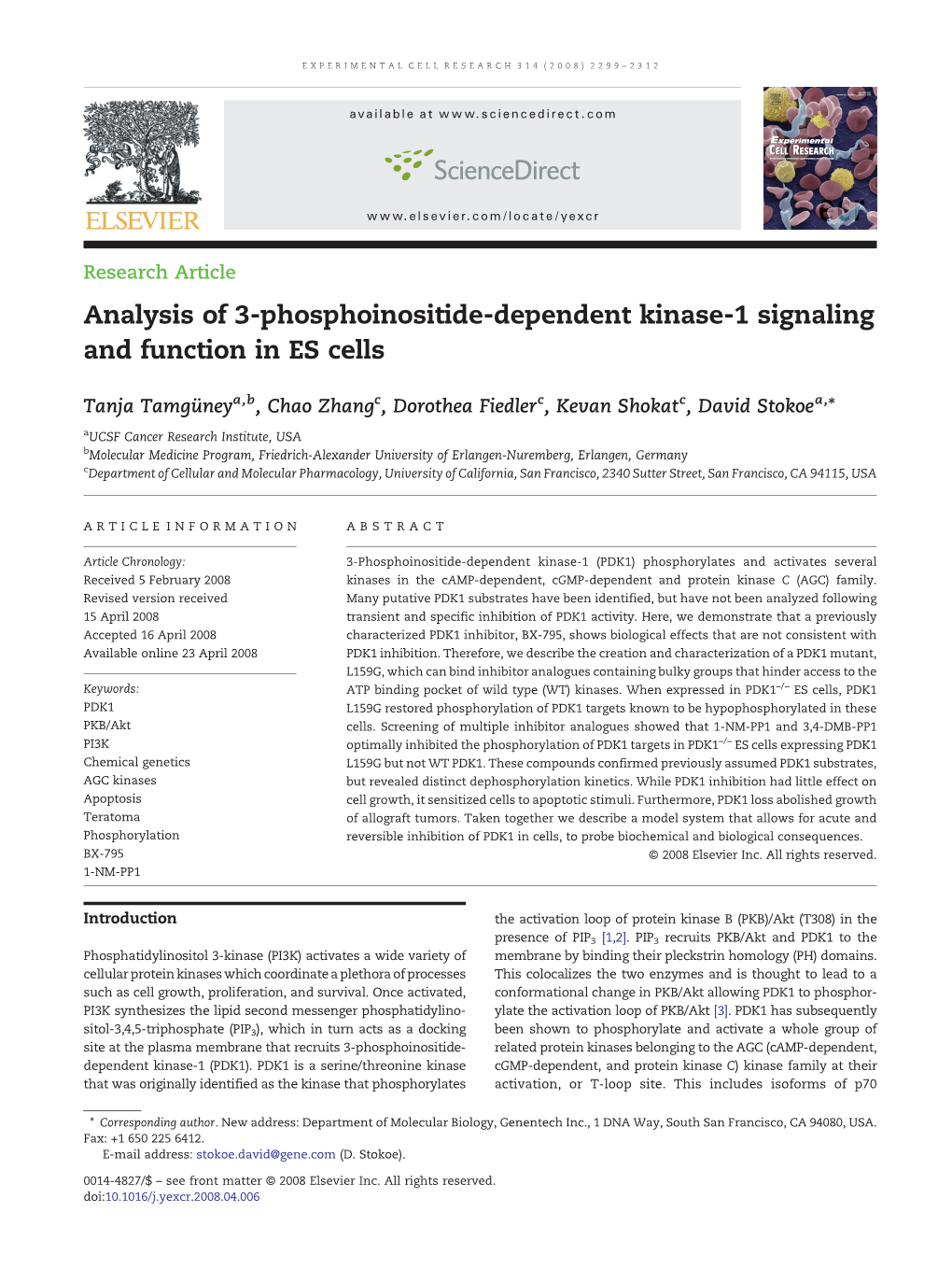 Analysis of 3-Phosphoinositide-Dependent Kinase-1 Signaling and Function in ES Cells