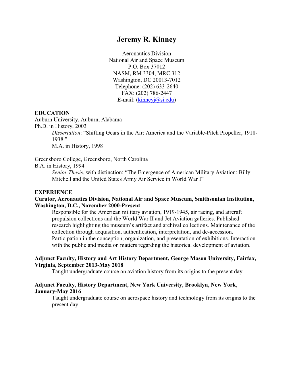 Jeremy Ryan Kinney CV